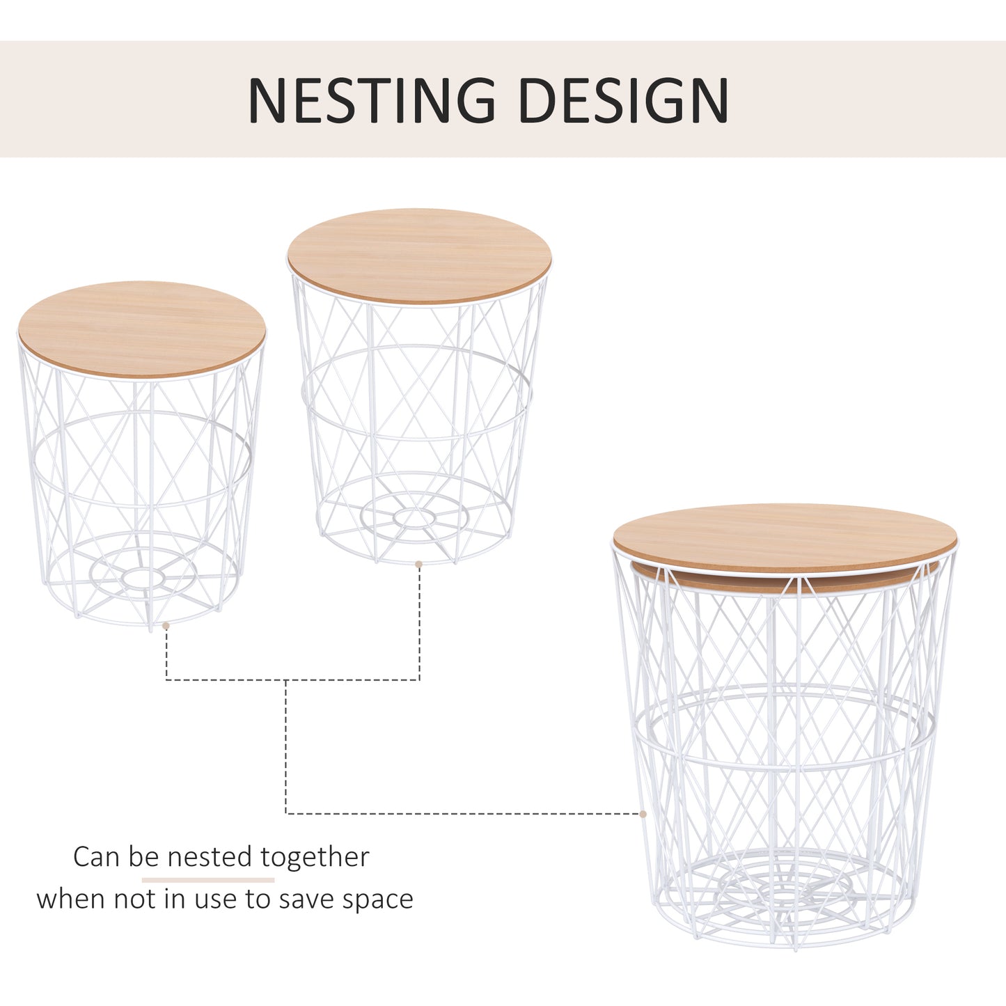 HOMCOM Nesting Coffee Tables Set of 2 with Metal Wire, Storage Basket, Round Side Table End Table for Living Room, Bedroom, White and Natural