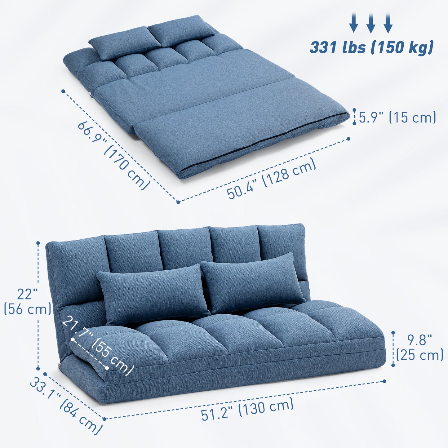 HOMCOM 51" Folding Floor Sofa, Foldable 2-Seater Lazy Sofa Sleeper Bed, Adjustable Linen Floor Couch with 9-position Backrest, 2 Pillows and Wide Seat for Living Room, Grey