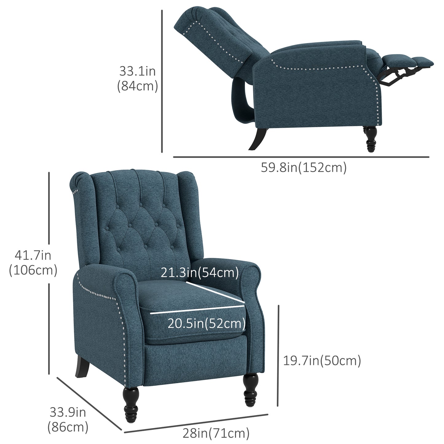 HOMCOM Wingback Reclining Chair with Footrest, Button Tufted Recliner Chair with Rolled Armrests for Living Room, Light Grey