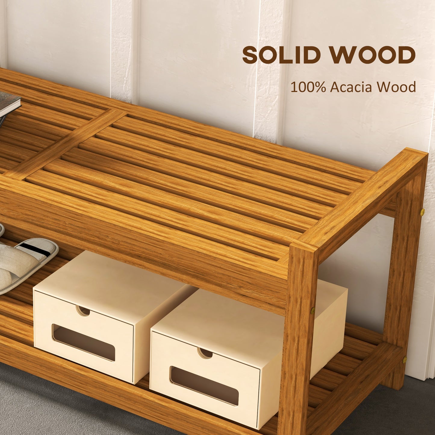 Outsunny Garden Stool with Storage Shelf, Slatted Seat for Indoor Conservatory, Garden, Poolside, Deck, Teak