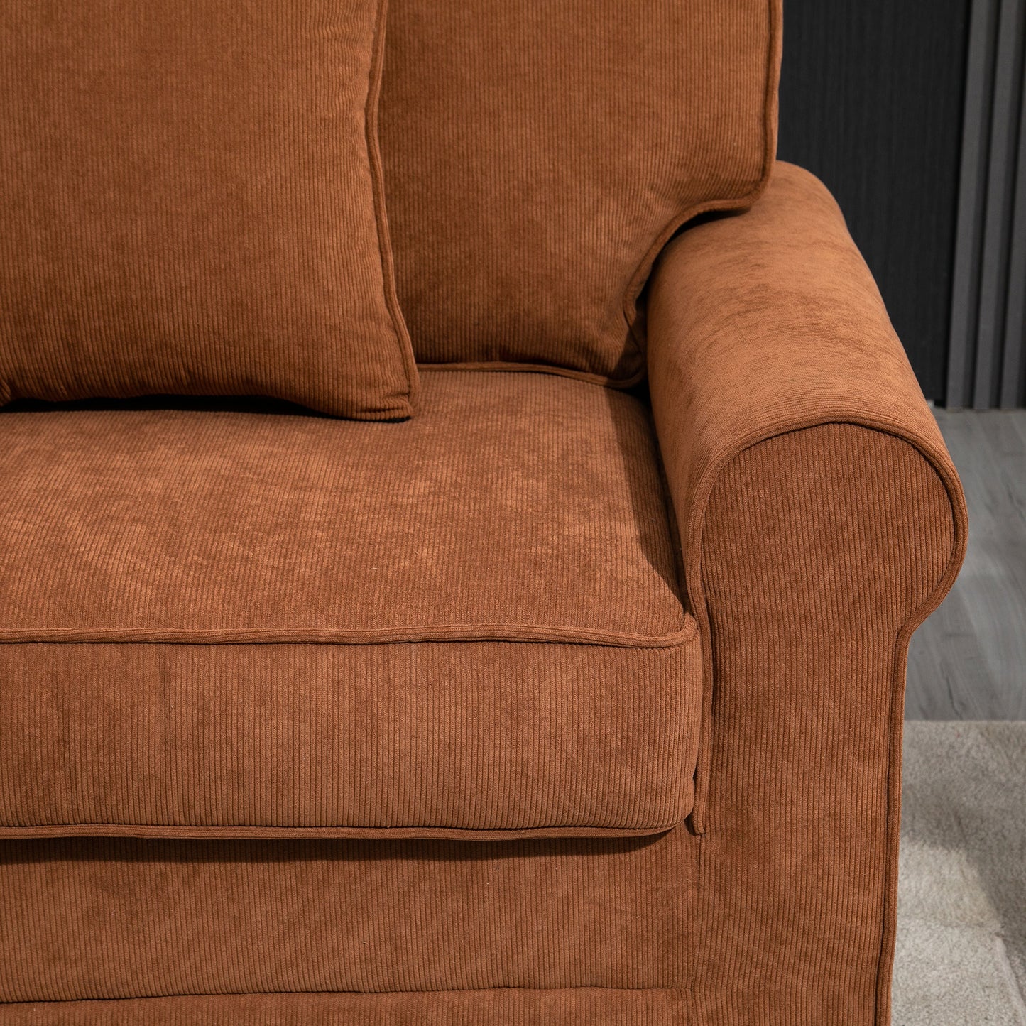 HOMCOM Modern 3 Seater Sofa, Corduroy Fabric 3 Seater Couch with Pine Wood Legs and Rolled Armrests for Living Room, Light Grey