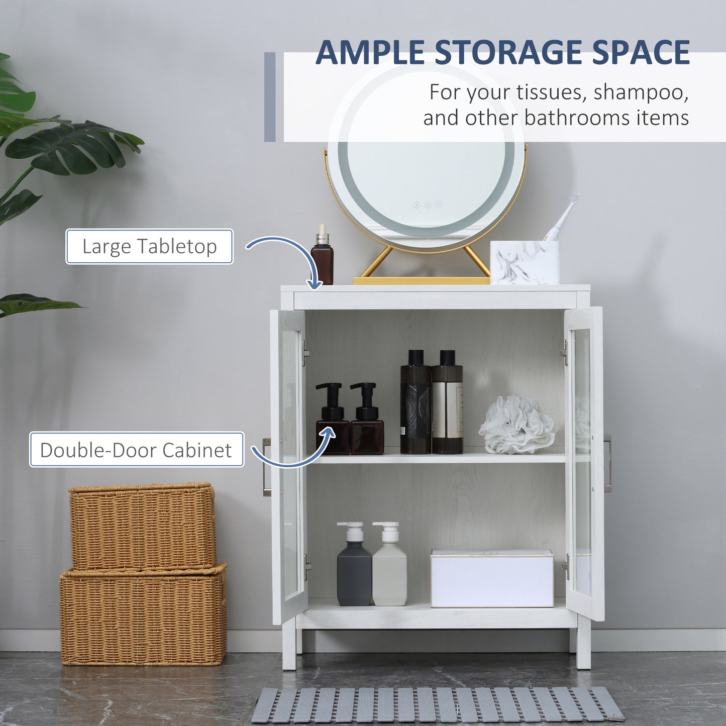 kleankin Modern Bathroom Storage Cabinet, Free Standing Bathroom Cabinet with Double Glass Doors and Adjustable Shelf, White