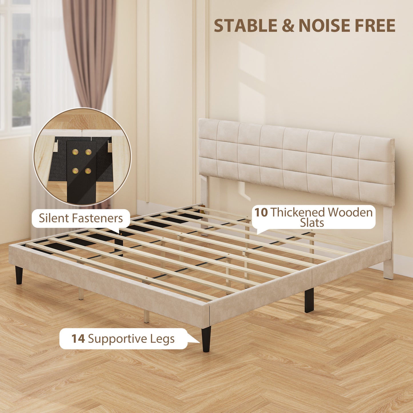 HOMCOM Queen Size Bed Frame with Upholstered Headboard, Modern Platform Bed Frame with Wood Slats, 1100 lbs Capacity, Cream
