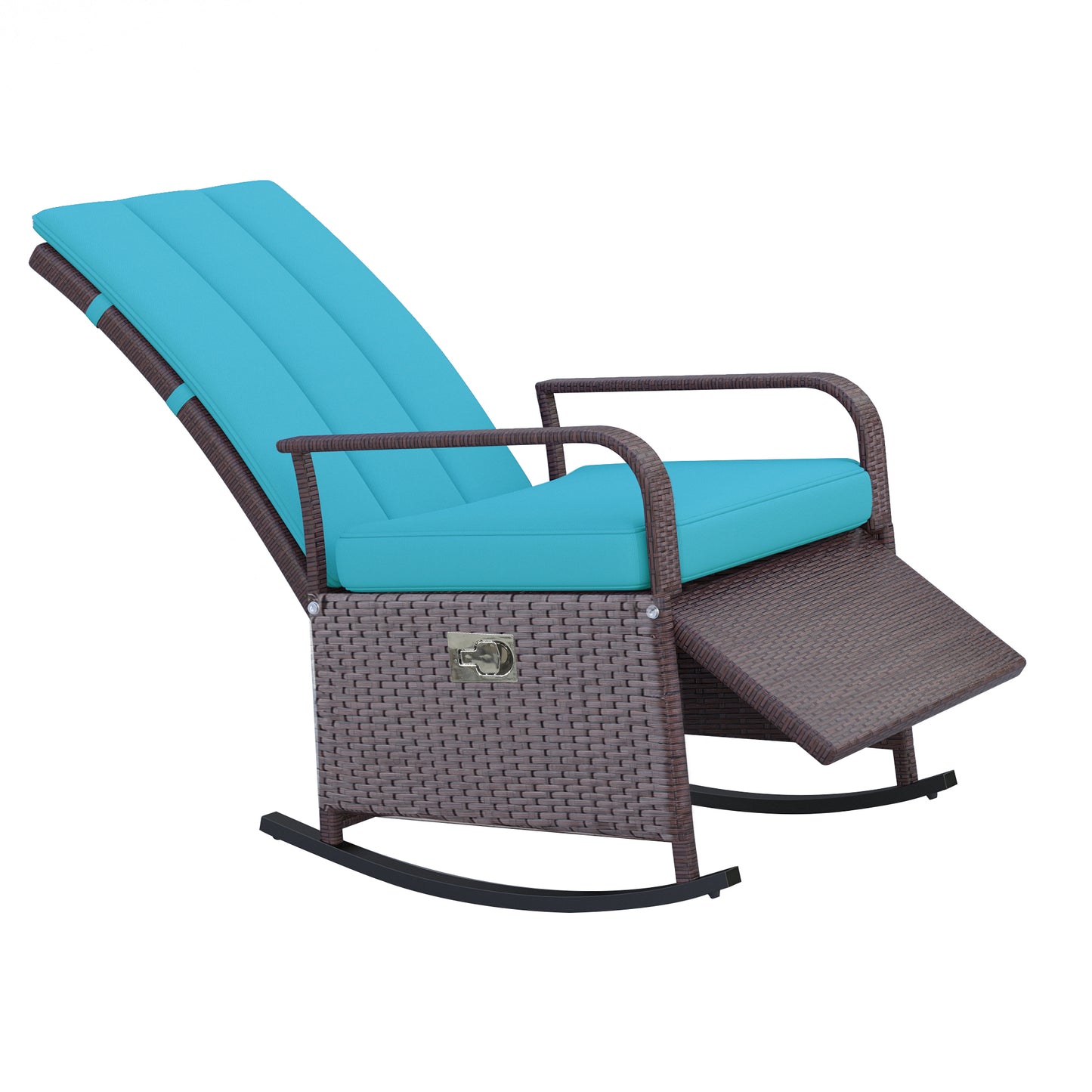 Outsunny Outdoor Wicker Rocking Chair with Cushion, Patio PE Rattan Recliner Chair with Adjustable Footrest, Armrests, Dark Blue