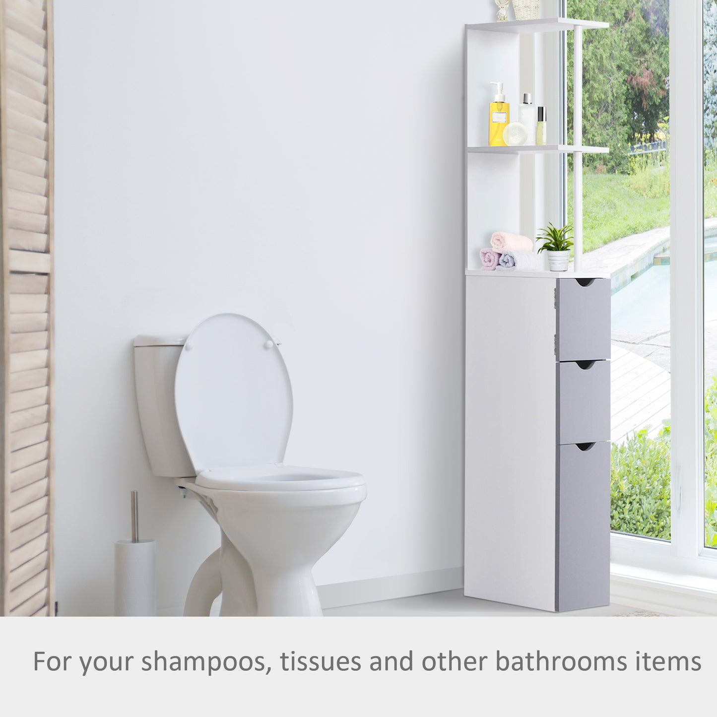 HOMCOM Tall Bathroom Storage Cabinet, Narrow Bathroom Cabinet with Drawers and Open Shelves for Small Spaces, White and Grey