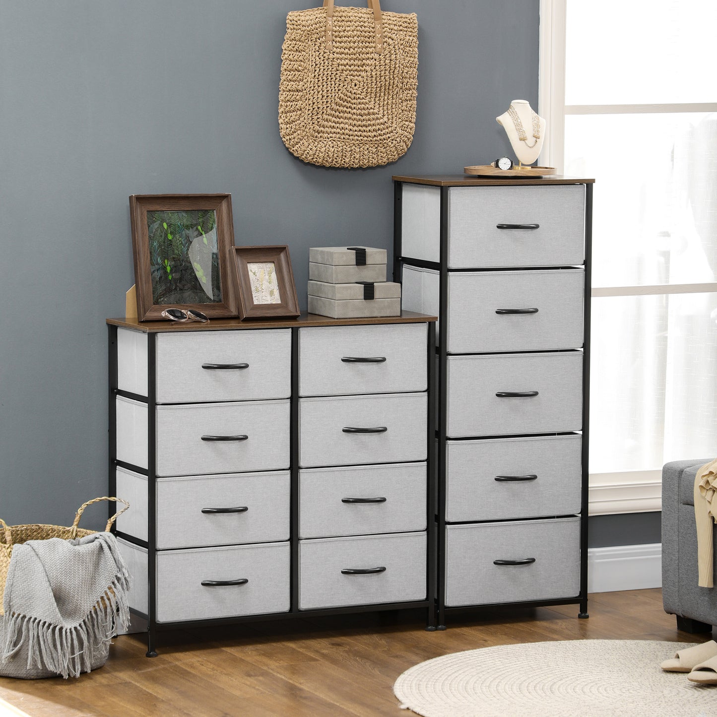 HOMCOM 6 Drawer Dresser for Bedroom, Fabric Chest of Drawers with Steel Frame, Wood Grain Top and Handles, Grey