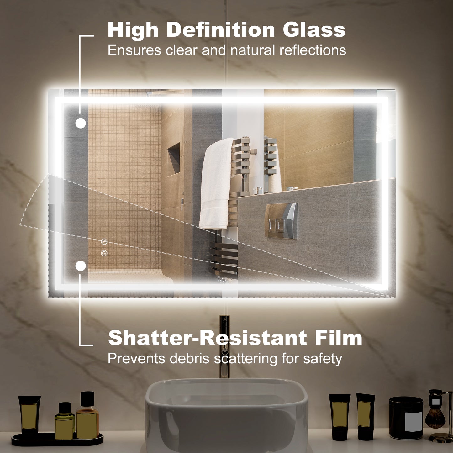 HOMCOM 39" x 24" Bathroom Mirror with LED Lights, Wall Mounted Vanity Mirror with Anti-Fog Pad and Touch Button, Clear