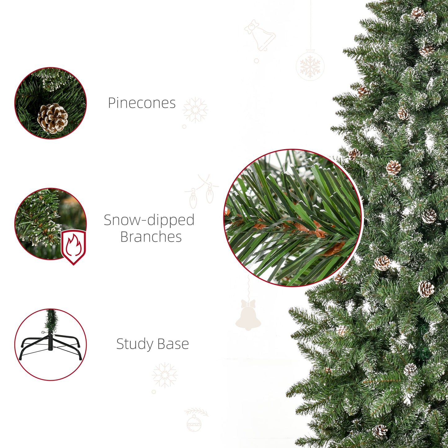 HOMCOM 7.5ft Artificial Christmas Tree, Flocked Christmas Tree with Pine Cones, 1119 Branch Tips and Metal Base, Green