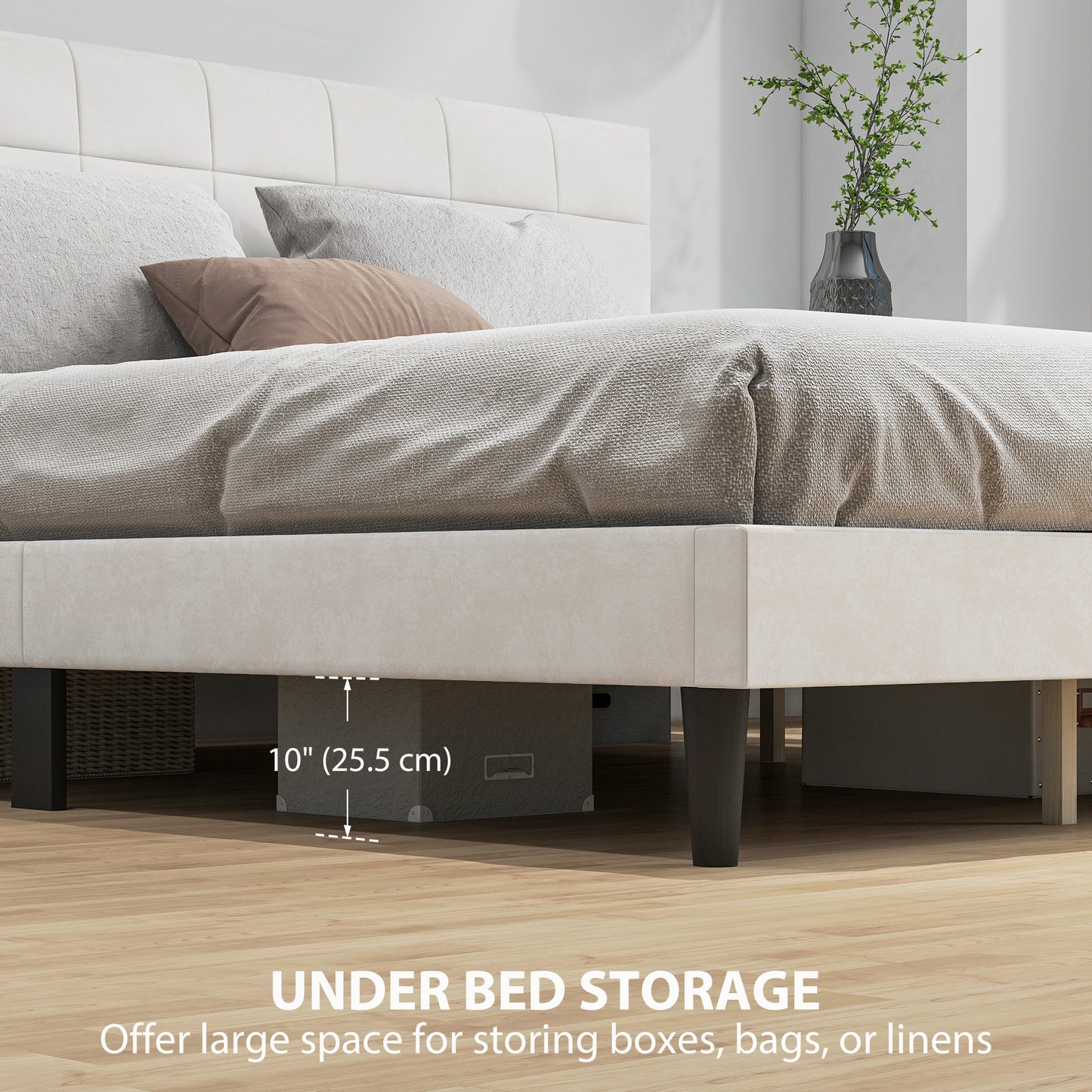 HOMCOM Queen Size Bed Frame with Upholstered Headboard, Modern Platform Bed Frame with Wood Slats, 1100 lbs Capacity, Cream