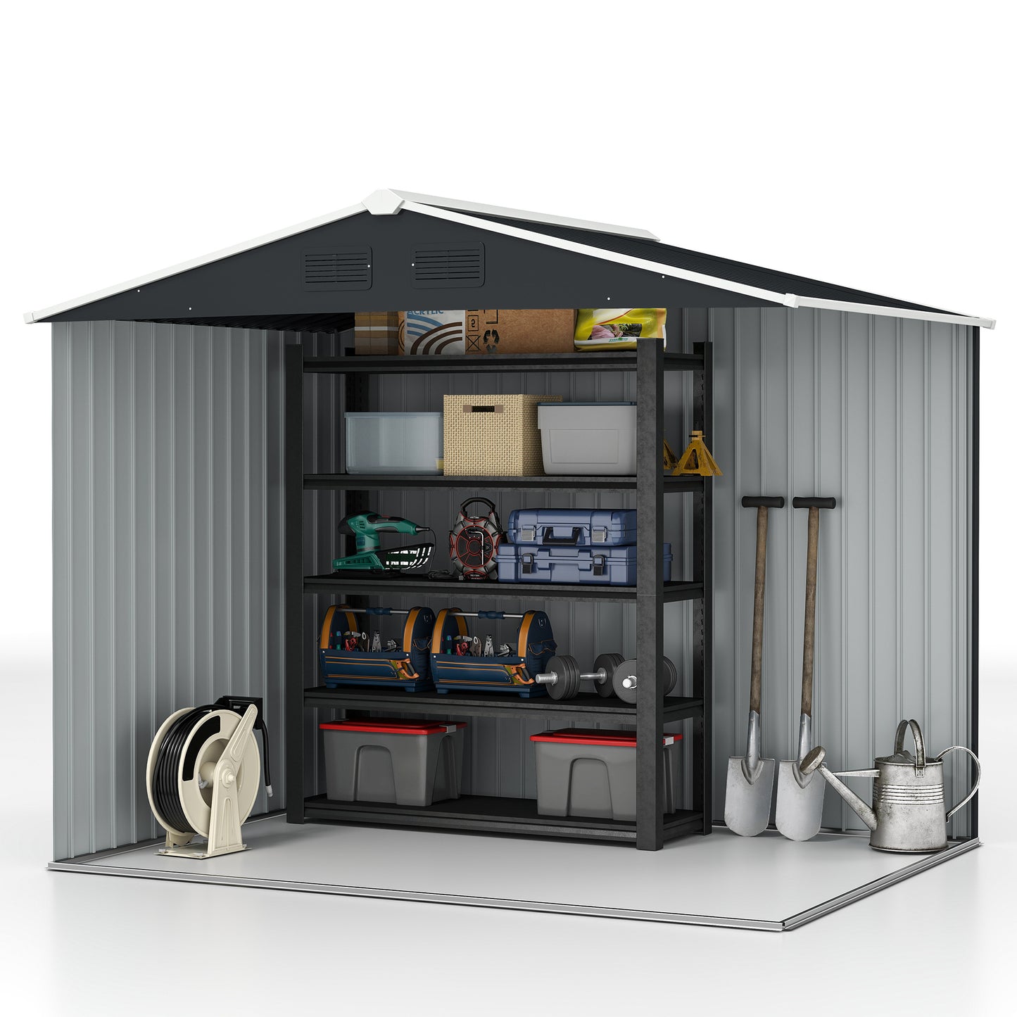 Outsunny 8' x 6' Outdoor Storage Shed, Metal Garden Tool Storage House with Lockable Sliding Doors and Vents for Backyard Patio Lawn, Charcoal Grey