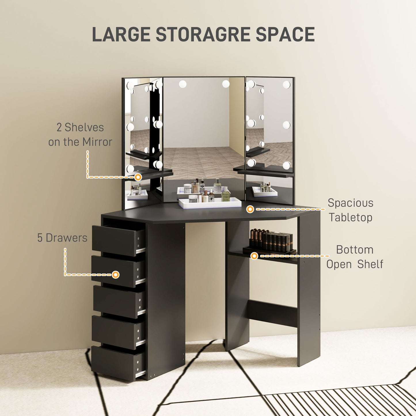HOMCOM Makeup Vanity Desk with 3-Panel Mirror and 10 LED Lights, Dressing Table with 5 Drawers and Shelves for Bedroom, White