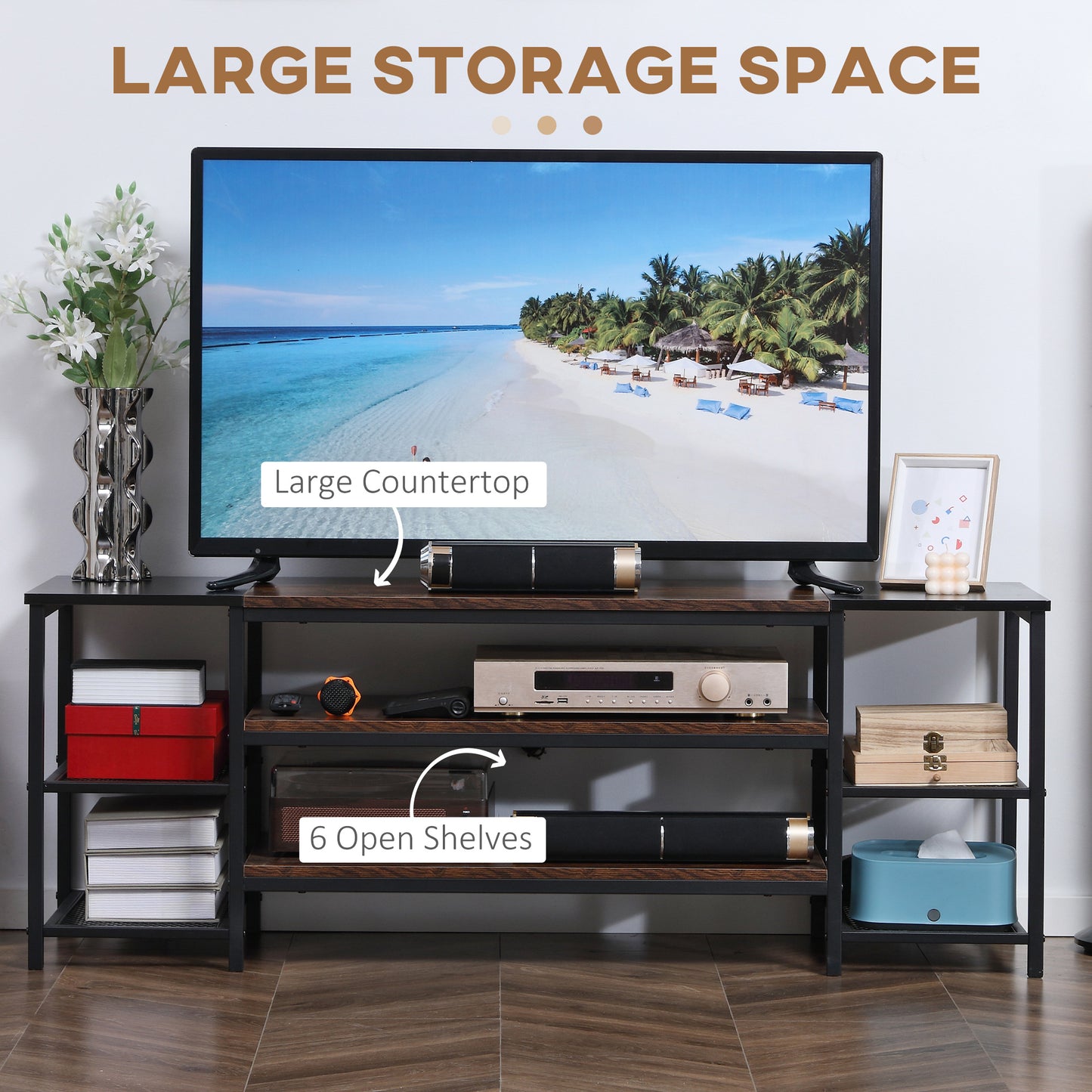 HOMCOM Industrial TV Cabinet for TVs Up to 60", TV Stand with Open Shelf Storage, Media Console with Steel Frame, Rustic Brown