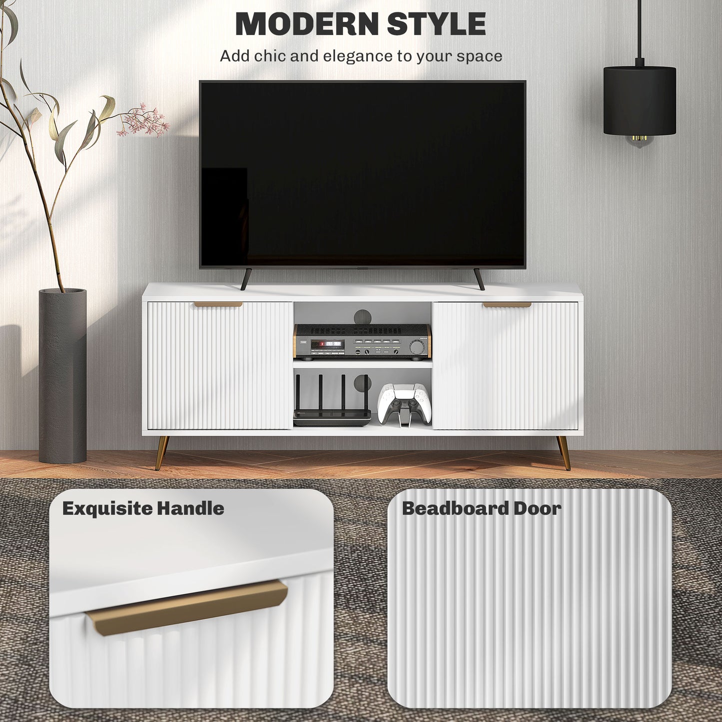 HOMCOM TV Stand with Storage for 55 Inch TV, Modern TV Cabinet with 2 Open Shelves and 2 Cabinets for Living Room, White