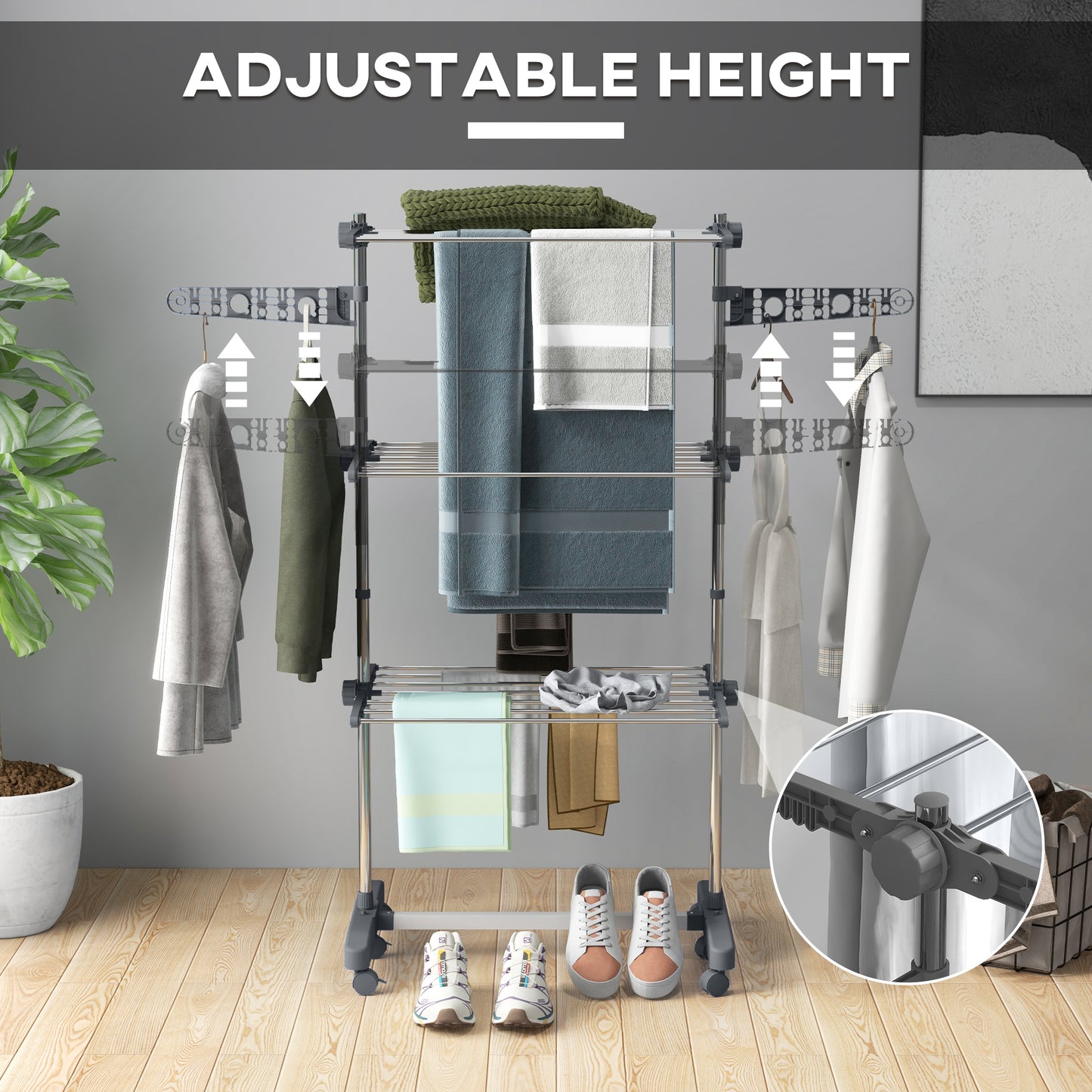 HOMCOM 3-Tier Foldable Clothes Drying Rack, Stainless Steel Laundry Rack with 2 Side Wings and 6 Castors, Collapsible Adjustable Clothes Airer for Indoor Outdoor, Grey