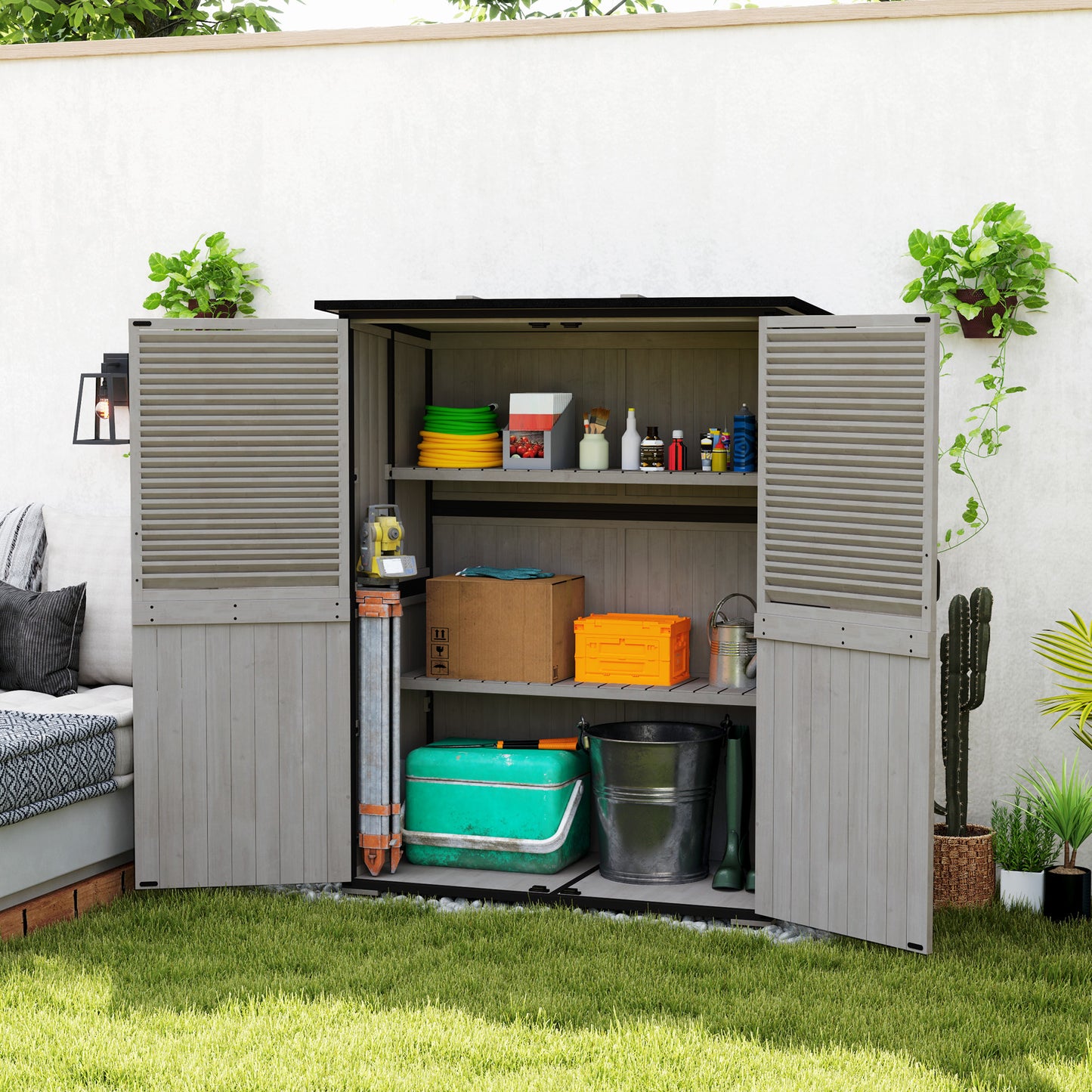Outsunny Outdoor Storage Cabinet, Wood Garden Shed with Steel Frame, Asphalt Roof, 2 Shelves and Lockable Doors, Grey