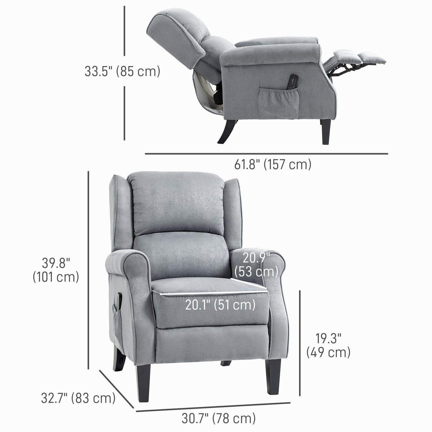 HOMCOM Massage Recliner Chair for Living Room, Push Back Recliner Sofa, Suede Wingback Reclining Chair with Extendable Footrest, Wood Legs, Remote Control, Side Pockets, Black