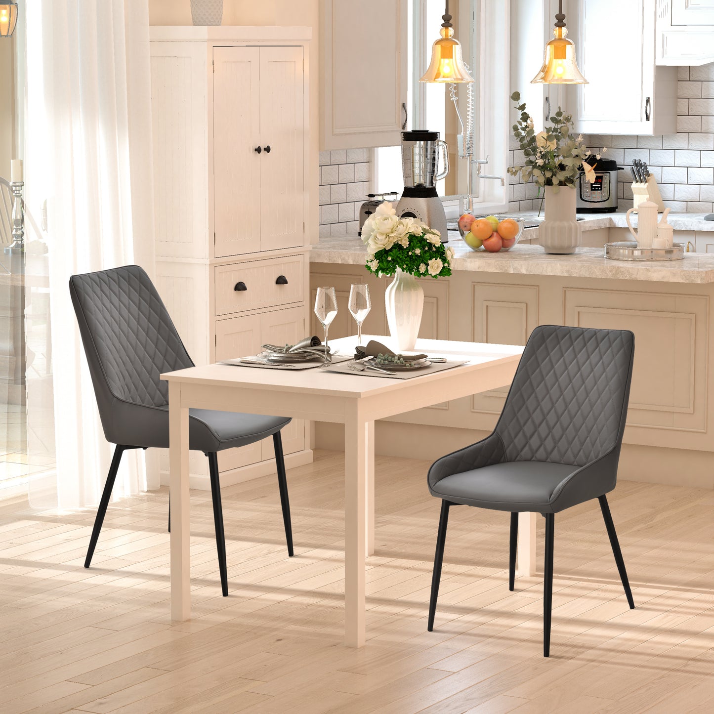 HOMCOM Upholstered Kitchen Chairs, Modern Dining Chairs Set of 2 with Diamond Tufting and Steel Legs for Dining Room, Black