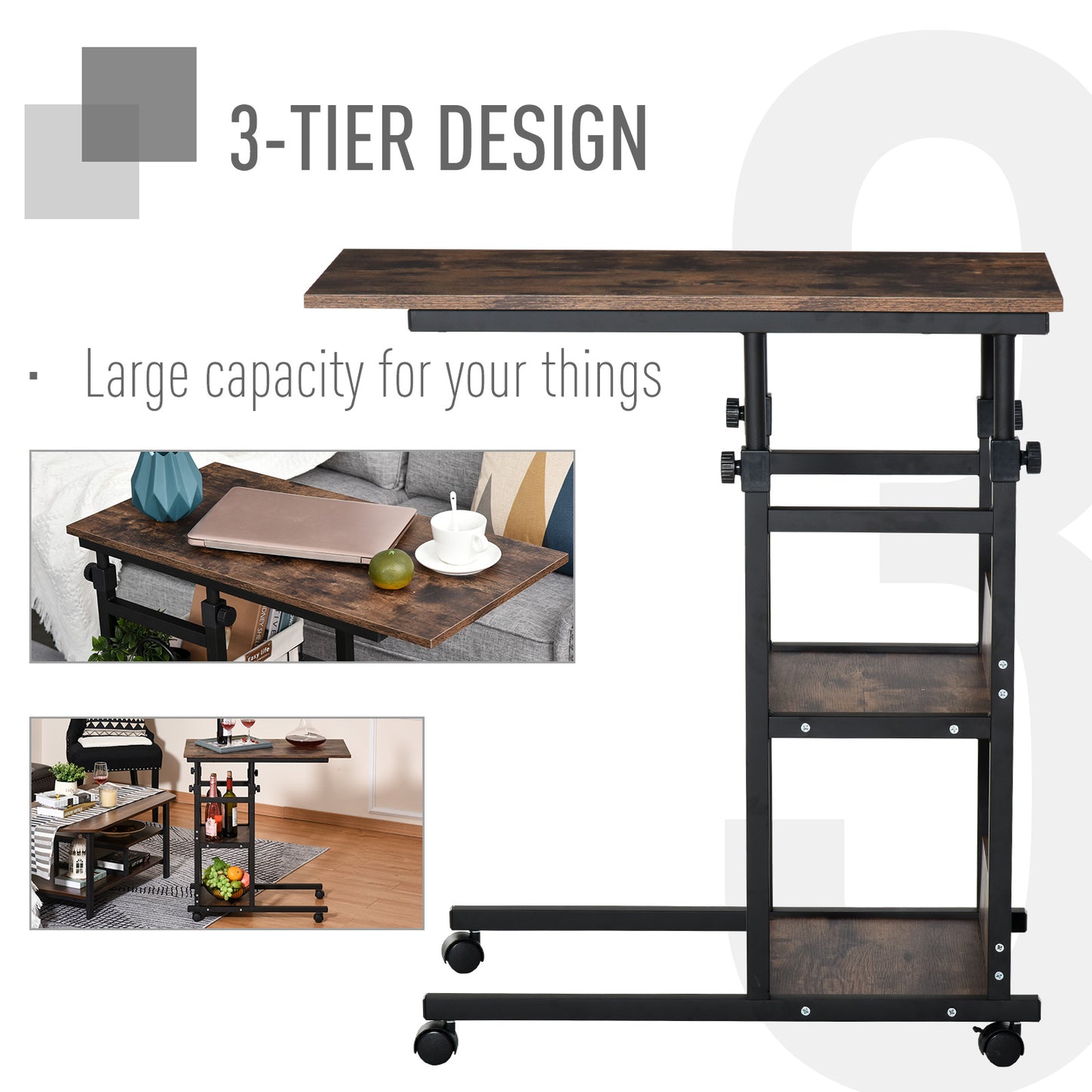 HOMCOM Mobile Standing Desk, Adjustable Height 31.5 inch Stand Up Desk with Wheels for Home Office, Rustic Brown