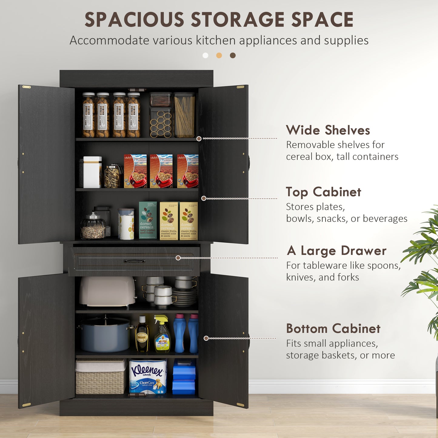 HOMCOM 71" Freestanding Kitchen Pantry with 4 Doors and 2 Cabinets, Tall Storage Cabinet for Kitchen, Distressed Coffee