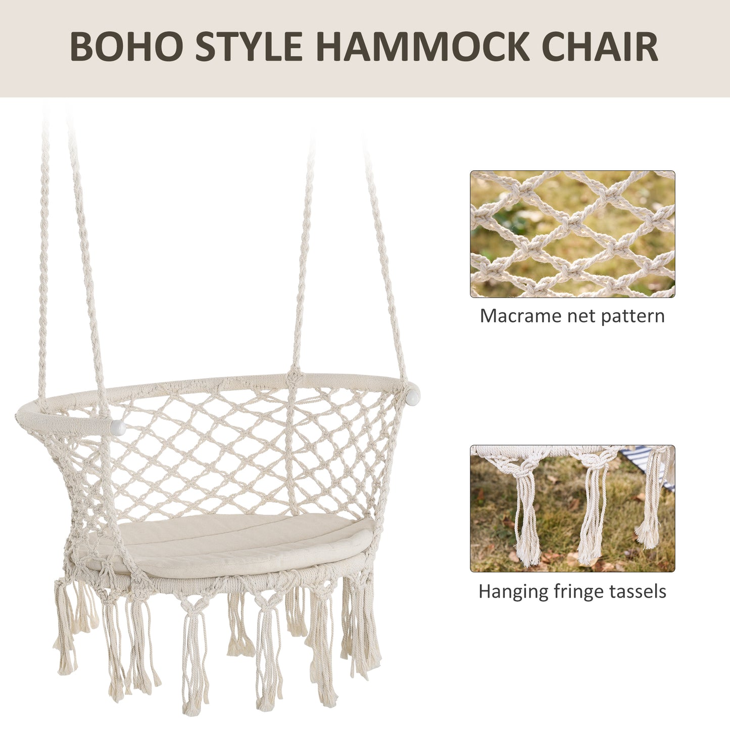 Outsunny Hanging Hammock Chair, Cotton Rope Porch Hammock Swing with Metal Frame and Cushion, Large Macrame Seat for Patio, Garden, Bedroom, Living Room, Cream White