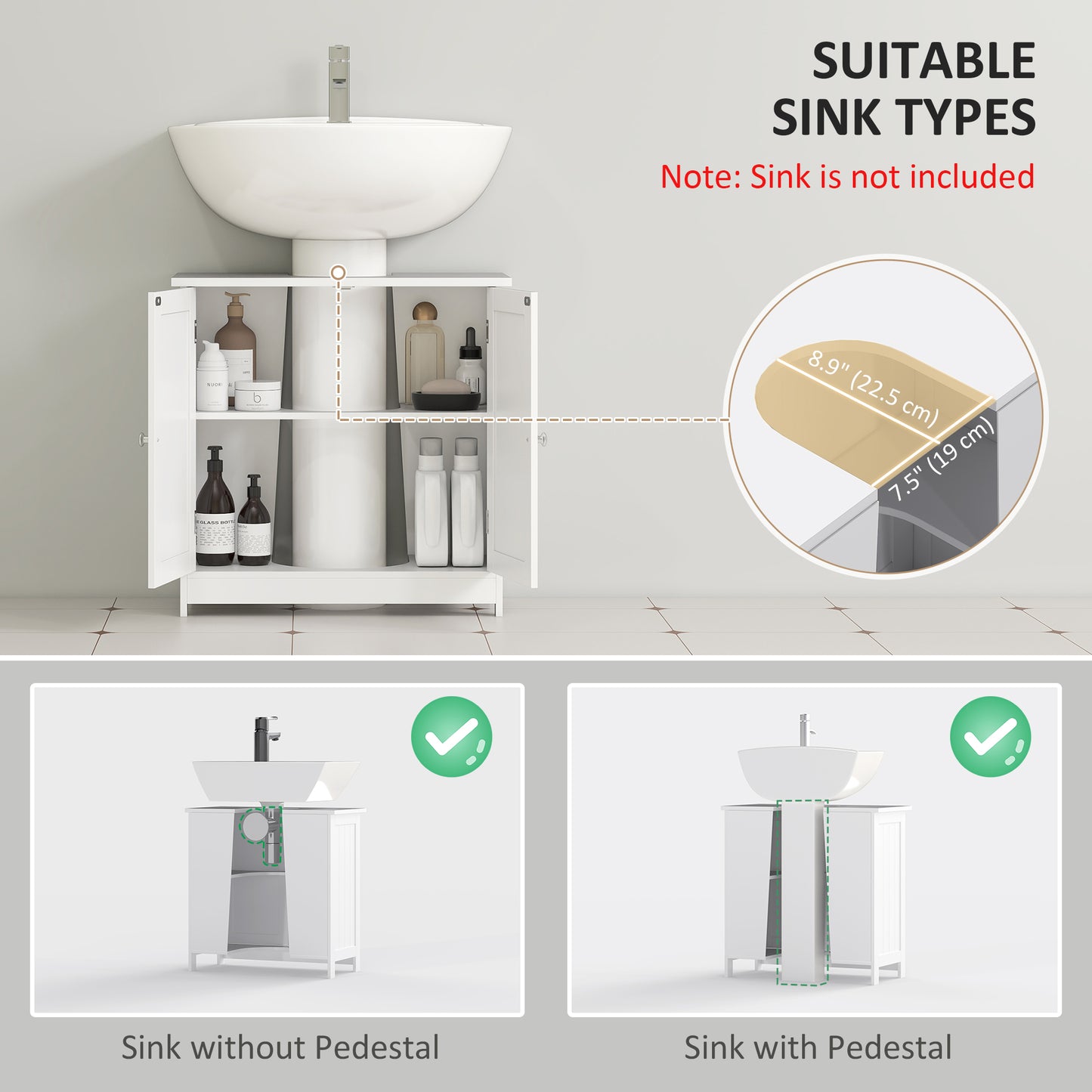 HOMCOM Under Sink Bathroom Cabinet with 2 Doors and Shelf, Pedestal Sink Bathroom Vanity Furniture, White