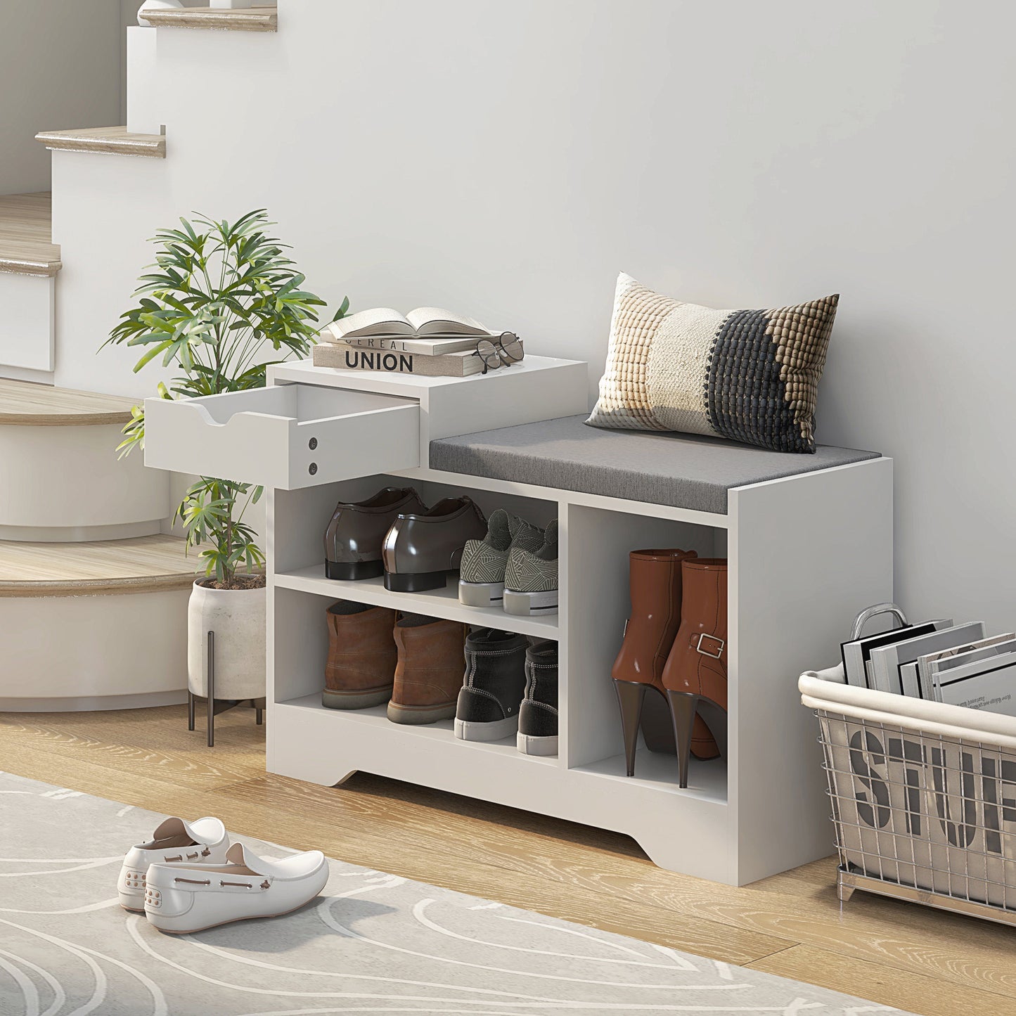 HOMCOM Upholstered Shoe Storage Bench, Hallway Shoe Storage with Seat, Drawer, 3 Open Shelves for Entryway, White
