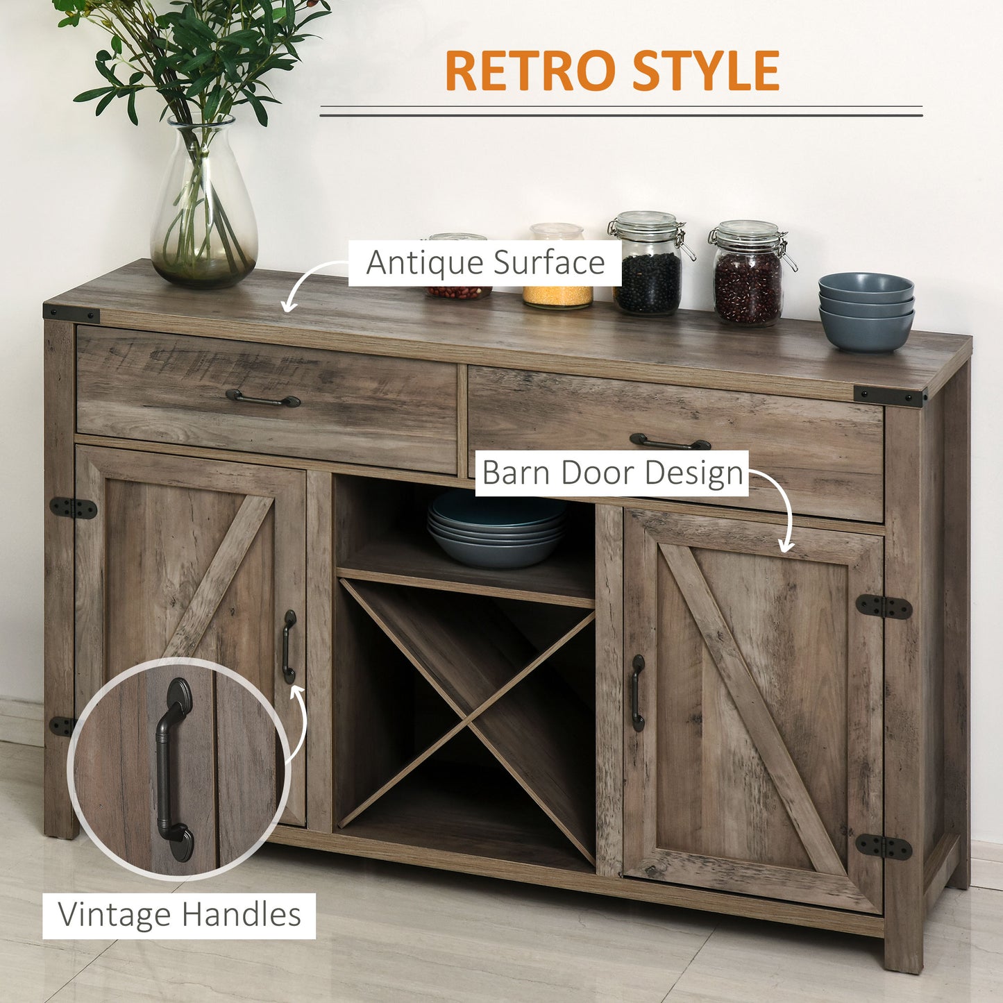 HOMCOM Farmhouse Bar Cabinet, Sideboards and Buffets with Doors, Wine Rack and Drawer, Storage Cabinet for Dining Room