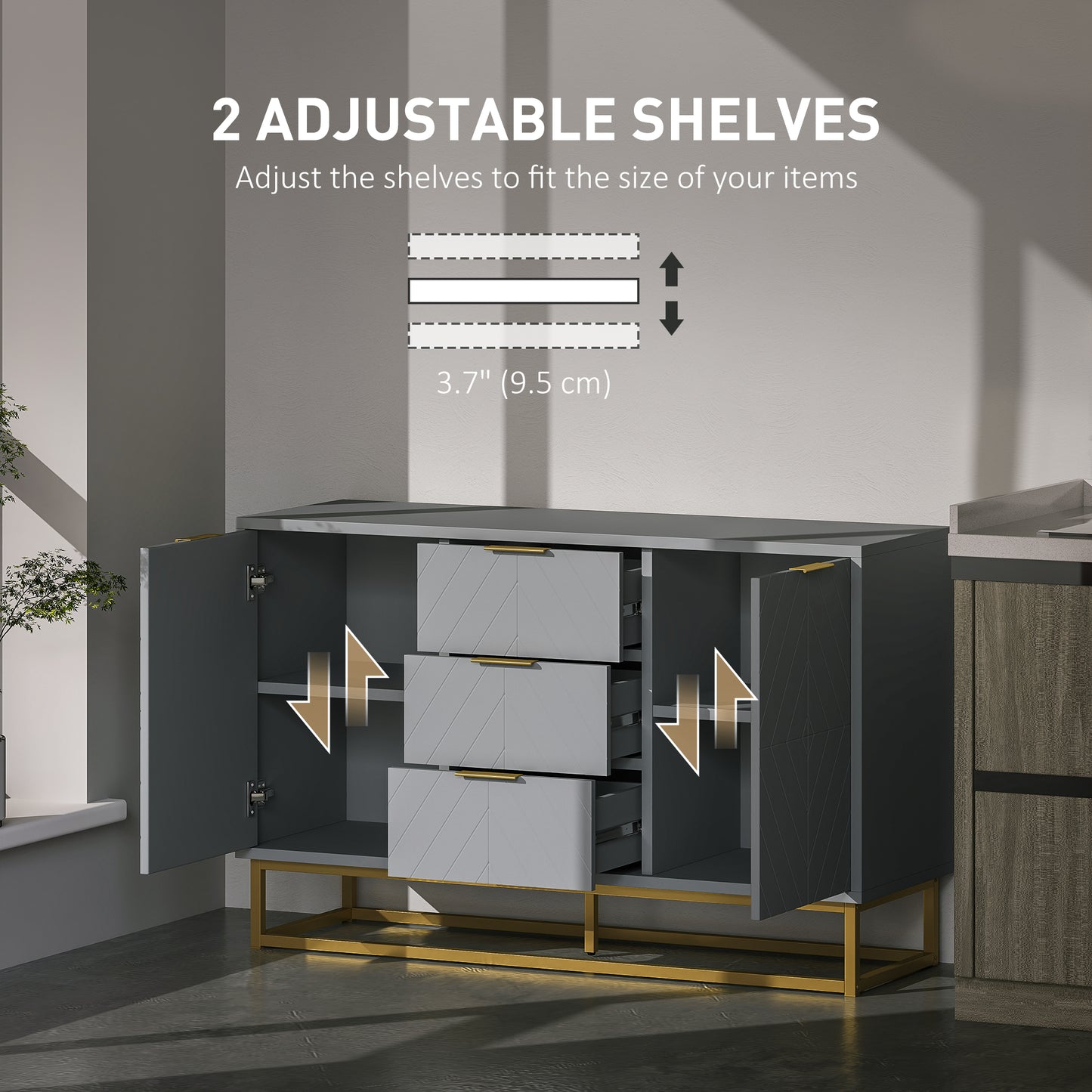 HOMCOM 47" Sideboard Buffet Cabinet with Storage, Contemporary Buffet Cabinet with Adjustable Shelves and Metal Legs, Kitchen Storage Cabinet with Elevated Base, White