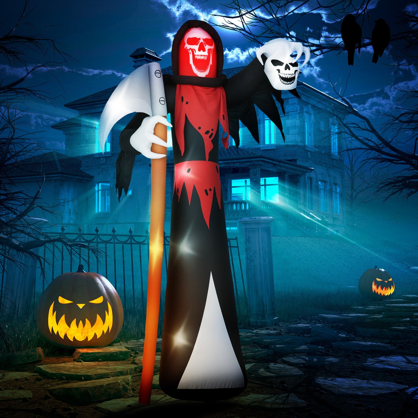 Outsunny 12 FT Halloween Inflatable Grim Reaper, Blow Up Garden Decor with Built-in Lights for Halloween Party Indoor, Outdoor