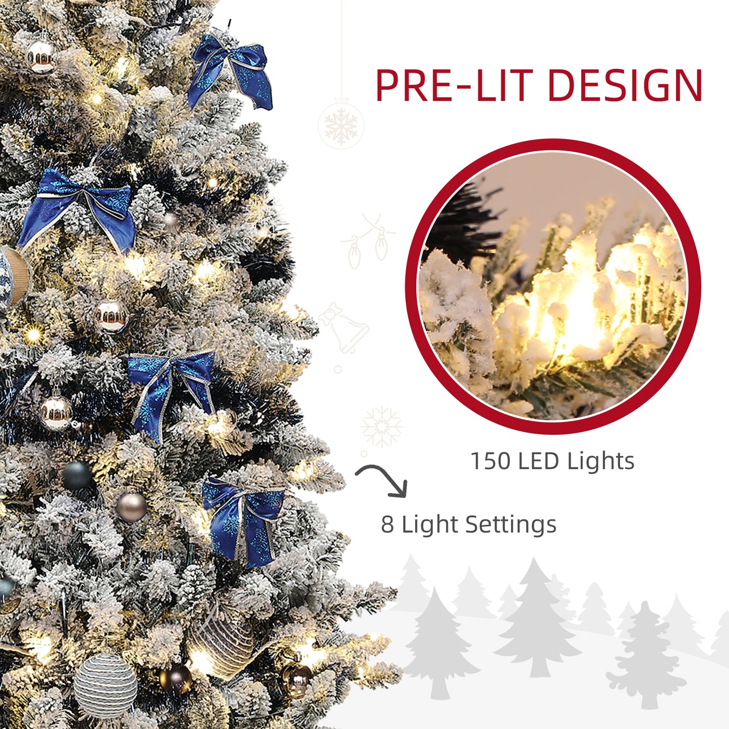 HOMCOM 5ft Prelit Artificial Christmas Tree with Blue Ornaments, Flocked Christmas Tree with LED Lights for Holiday