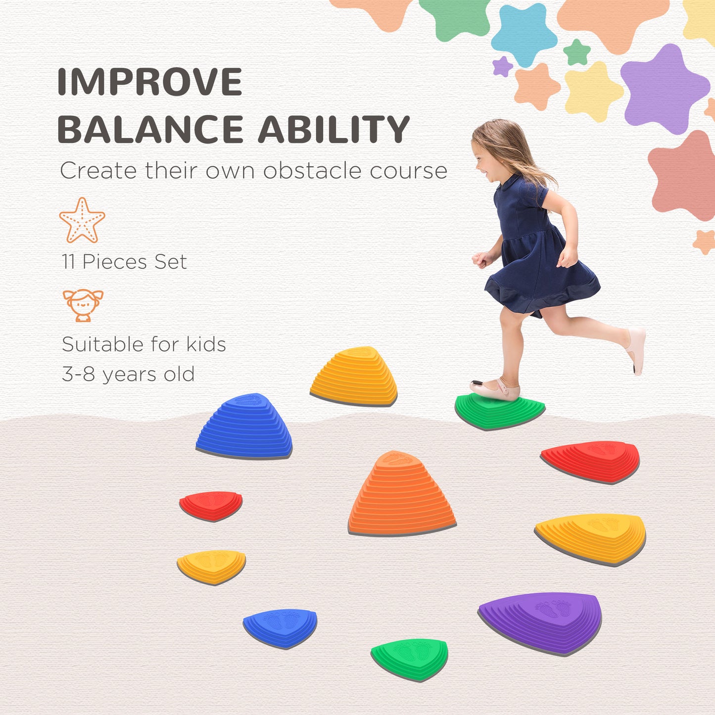 Outsunny 11PCs Larger Size Balance Stepping Stones for Kids with Non-slip Bottom, Stackable Obstacle Course Outdoor Indoor, Play River Rocks with Starfish Style