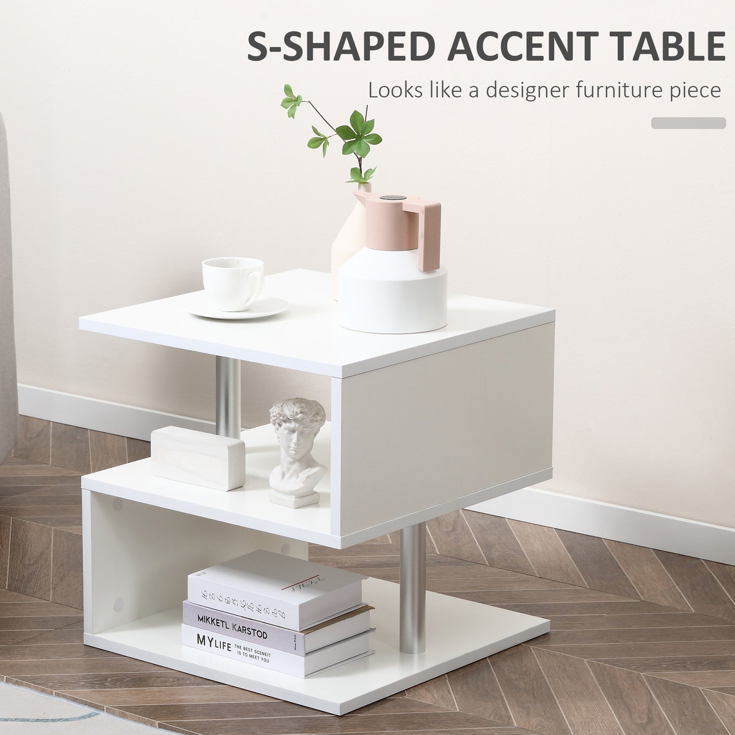 HOMCOM Wooden S Shape End Table 3 Tier Storage Shelves Organizer Living Room Side Table Desk Black