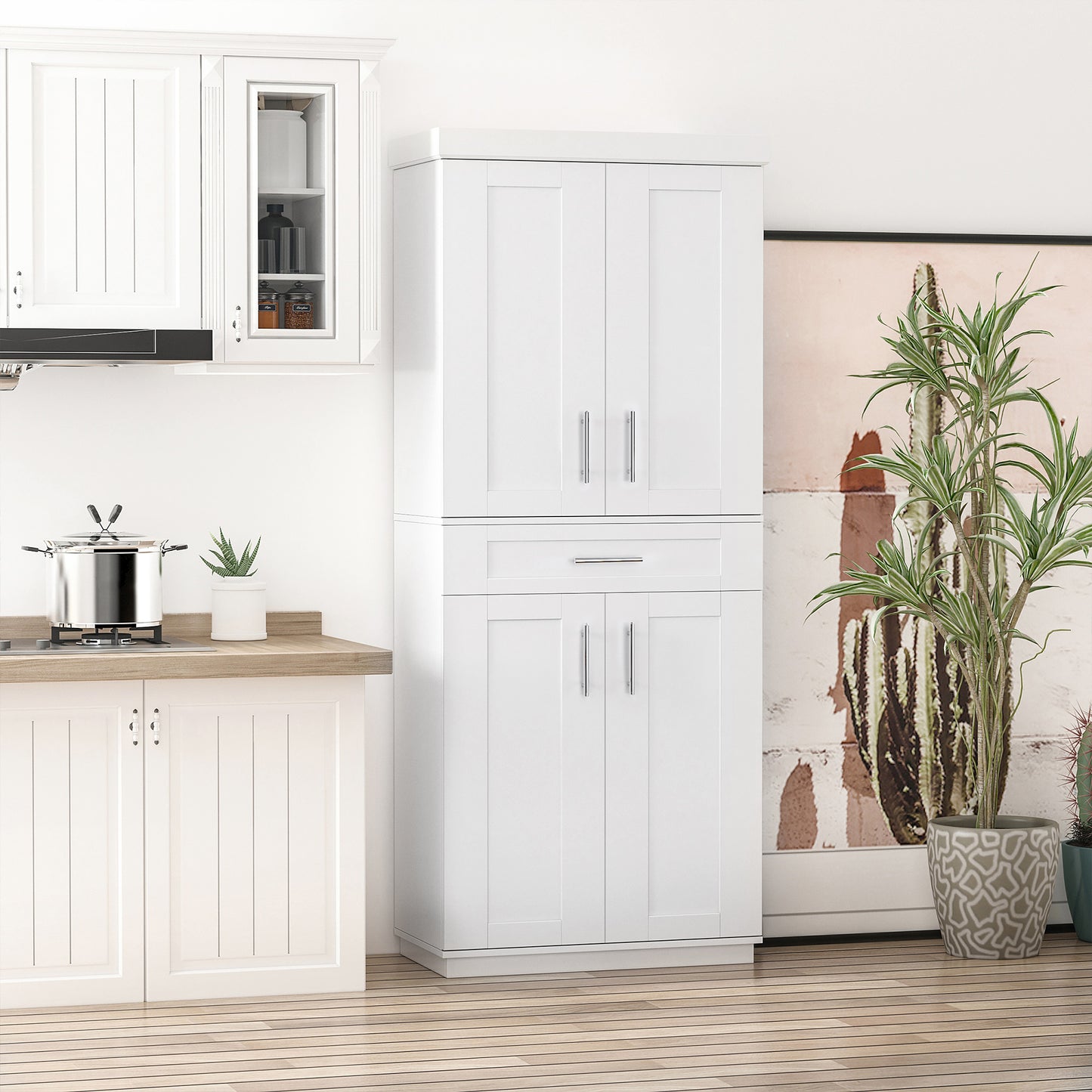 HOMCOM 72" Storage Cabinet, Freestanding Kitchen Pantry Cabinet with 4 Doors, Drawer and 3 Adjustable Shelves, White