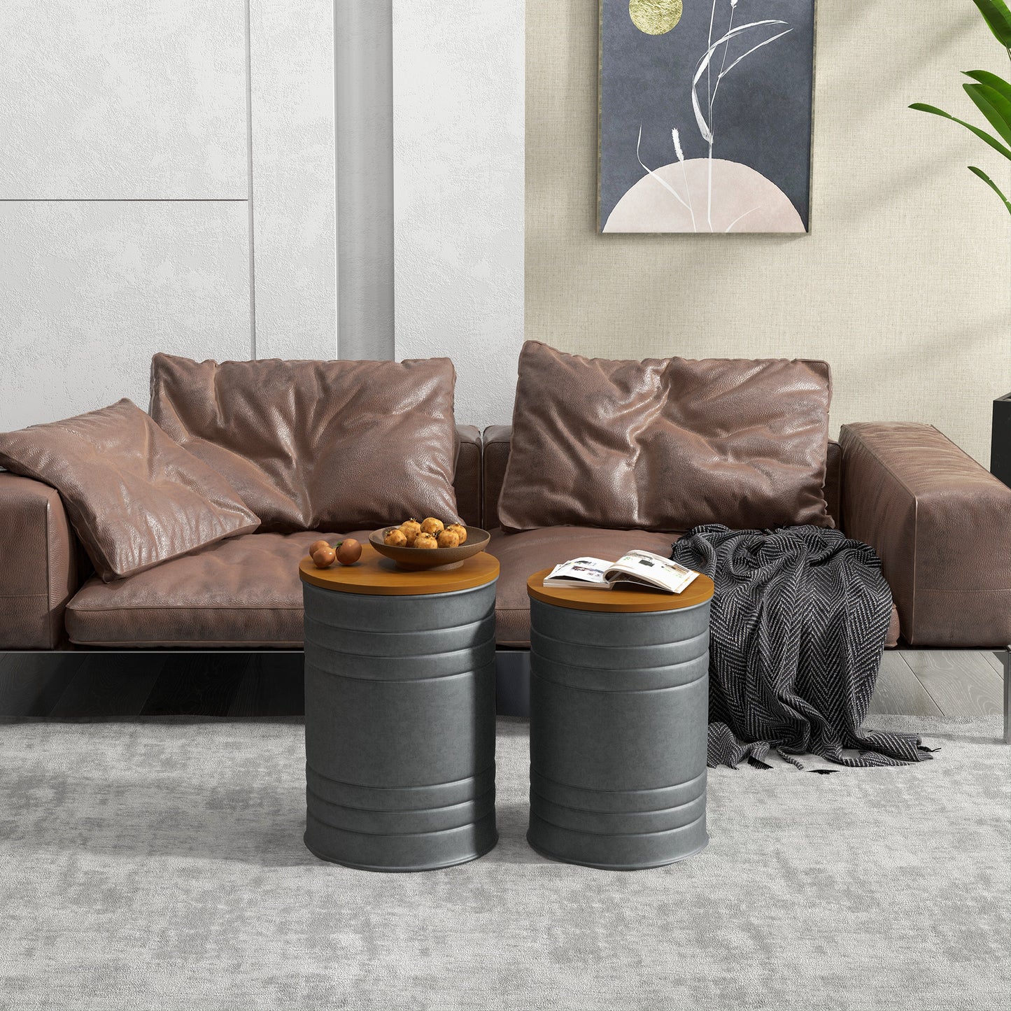 HOMCOM Round Side Table Set of 2, Nesting Coffee Tables w/ Wooden Lid, Metal Frame and Hidden Storage Space for Bedroom, Black