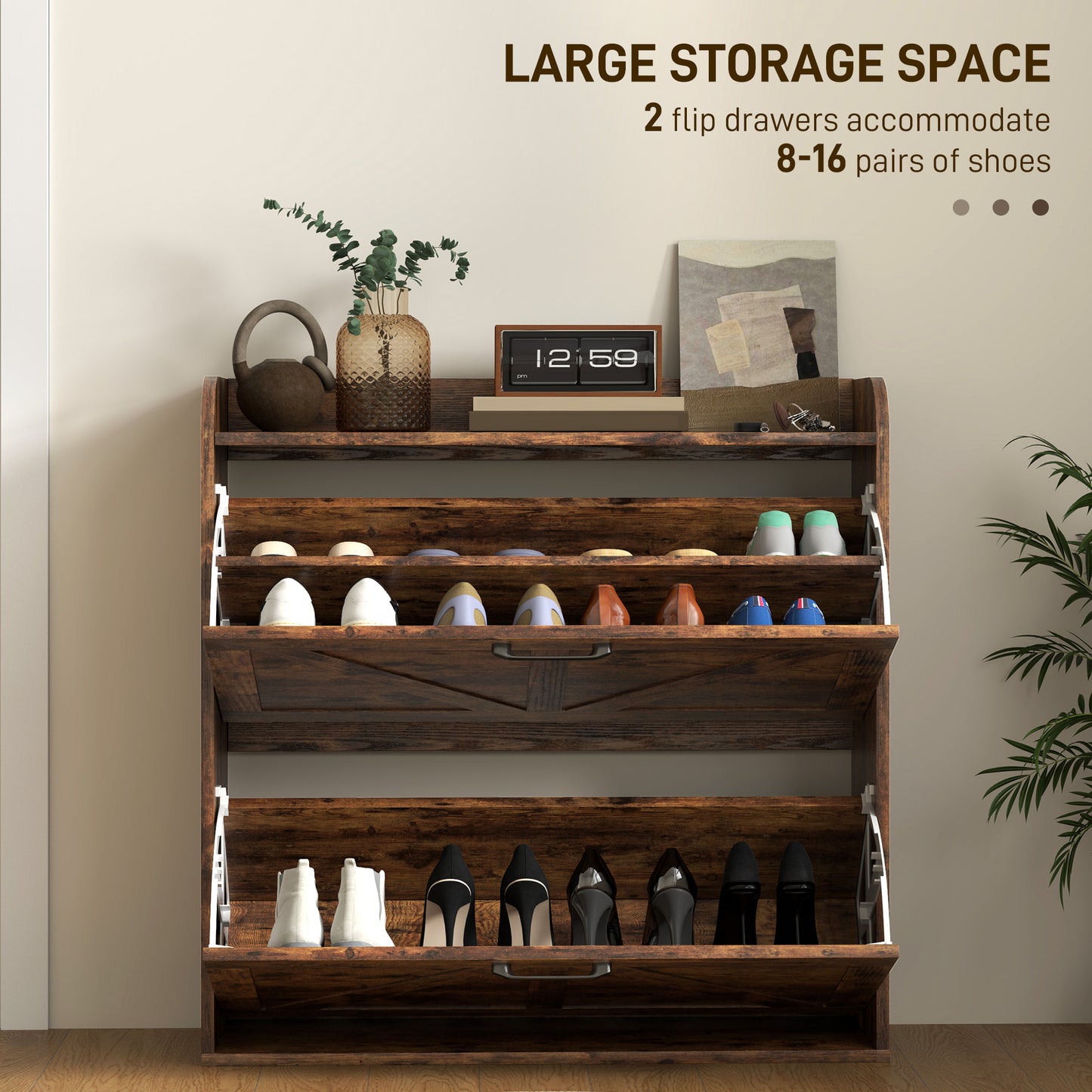 HOMCOM Narrow Shoe Storage Cabinet, Farmhouse Slim Shoe Cabinet with 2 Flip Drawers, Adjustable Shelves, Rustic Brown