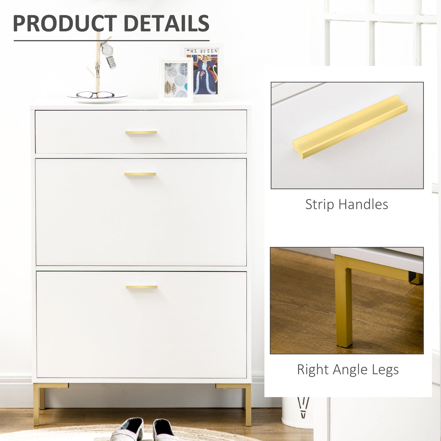 HOMCOM Modern Shoe Cabinet Storage 12 Pair Shoe Organizer with 2 Flip Doors Drawer and Adjustable Shelf White