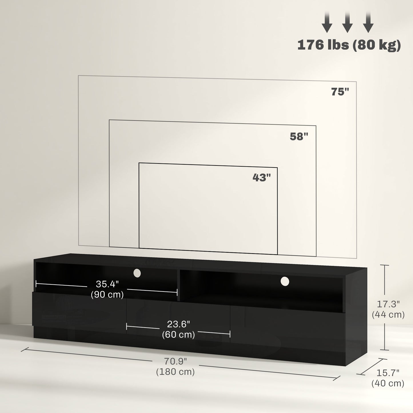 HOMCOM LED Lighted TV Stand for TVs up to 75", Modern TV Cabinet with Storage Drawers for Living Room, High Gloss White