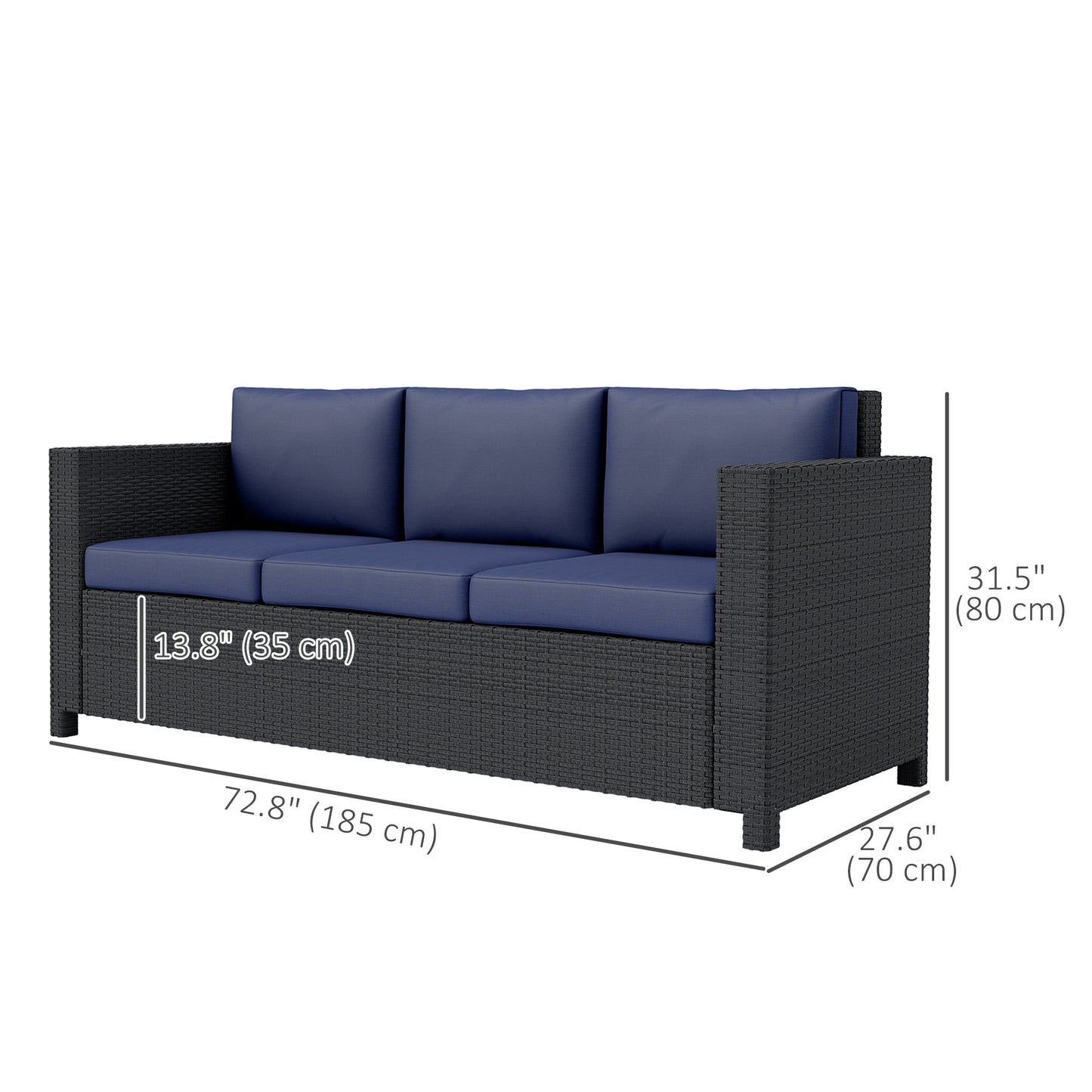 Outsunny 3-Seater Outdoor Sofa with Cushions, PE Rattan Conversation Patio Couch with Pillows for Garden, Poolside, Blue
