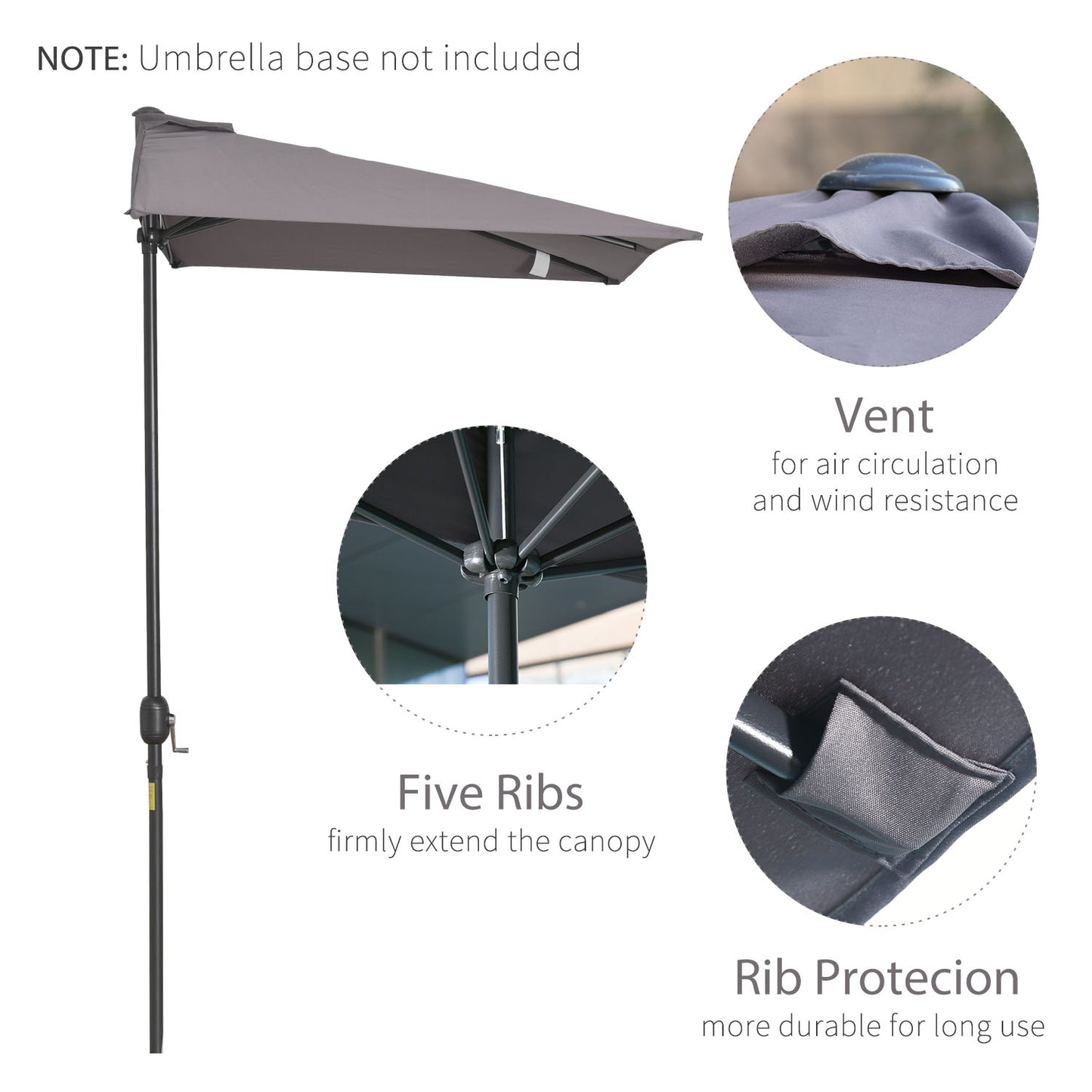 Outsunny 8ft Half Round Umbrella Outdoor Balcony Parasol Patio Garden Outdoor Window Sun Shade w/ 5 Ribs
