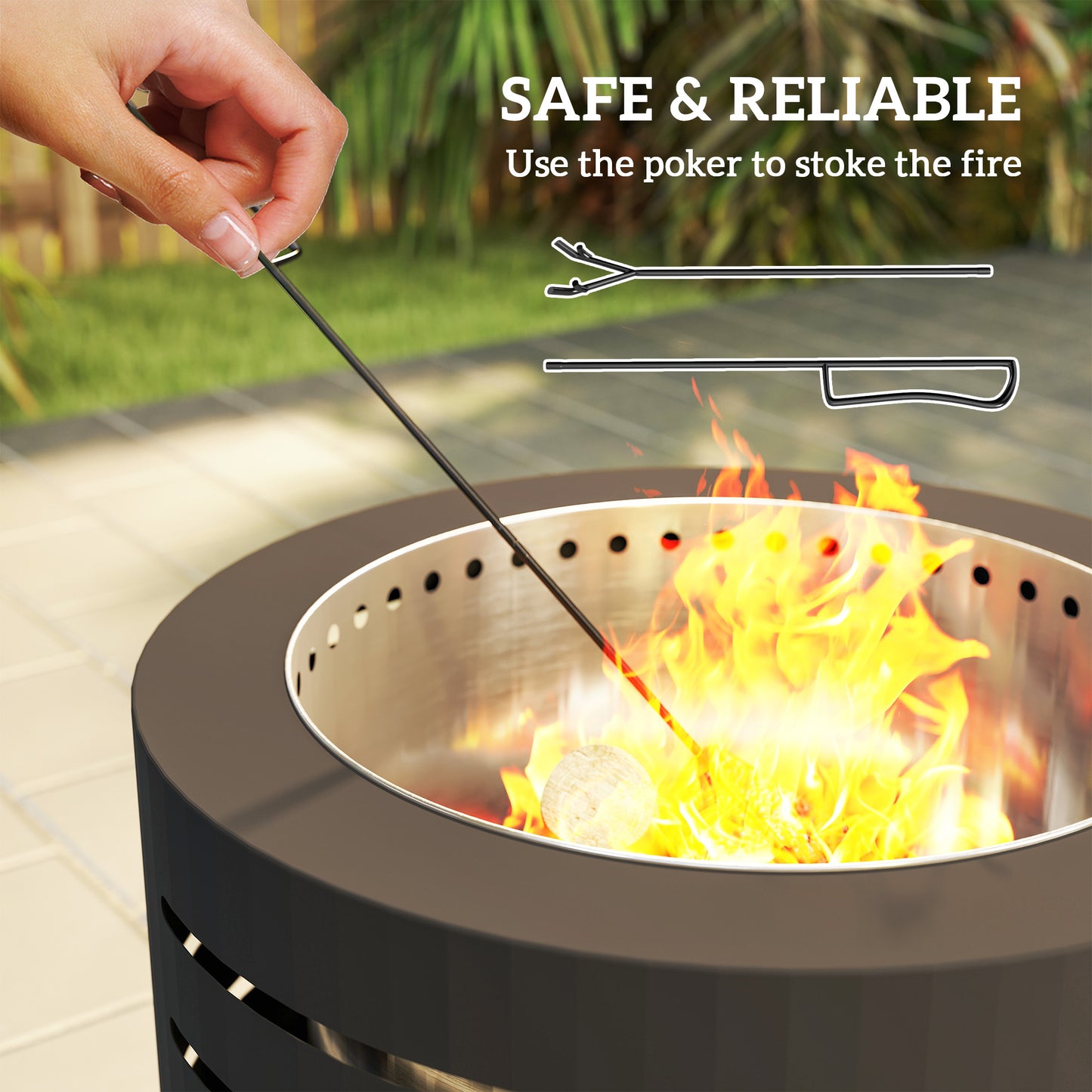Outsunny Round Fire Pit with Fire Poker, Portable Wood Burning Firepit with Ash Tray and Hairpin Legs, Outdoor Fireplace, Black