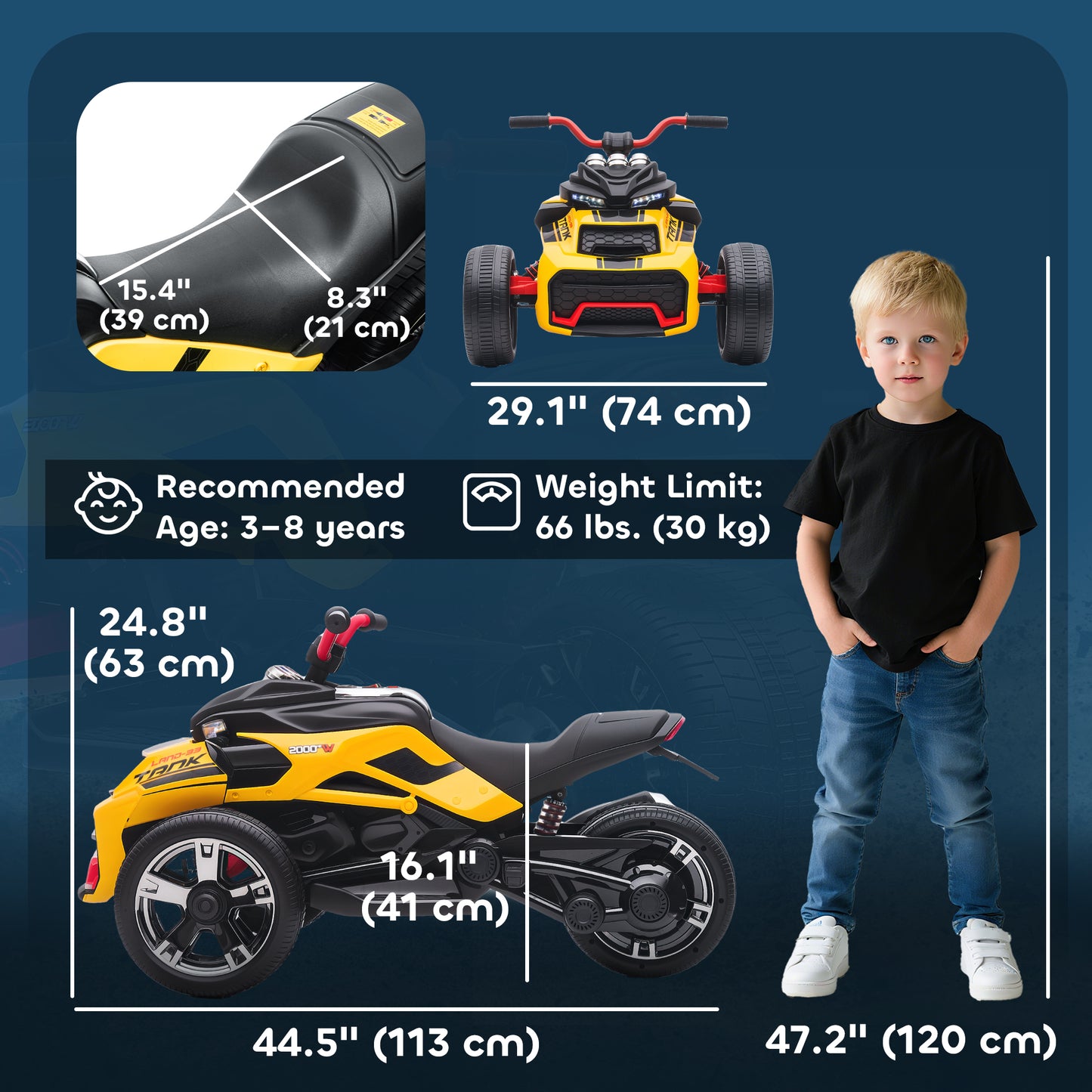 Qaba 12V Kids Ride On ATV with MP3 Player, Music, Horn, 2 Speeds, LED Lights, Gift for Boys & Girls Ages 3-8, Yellow