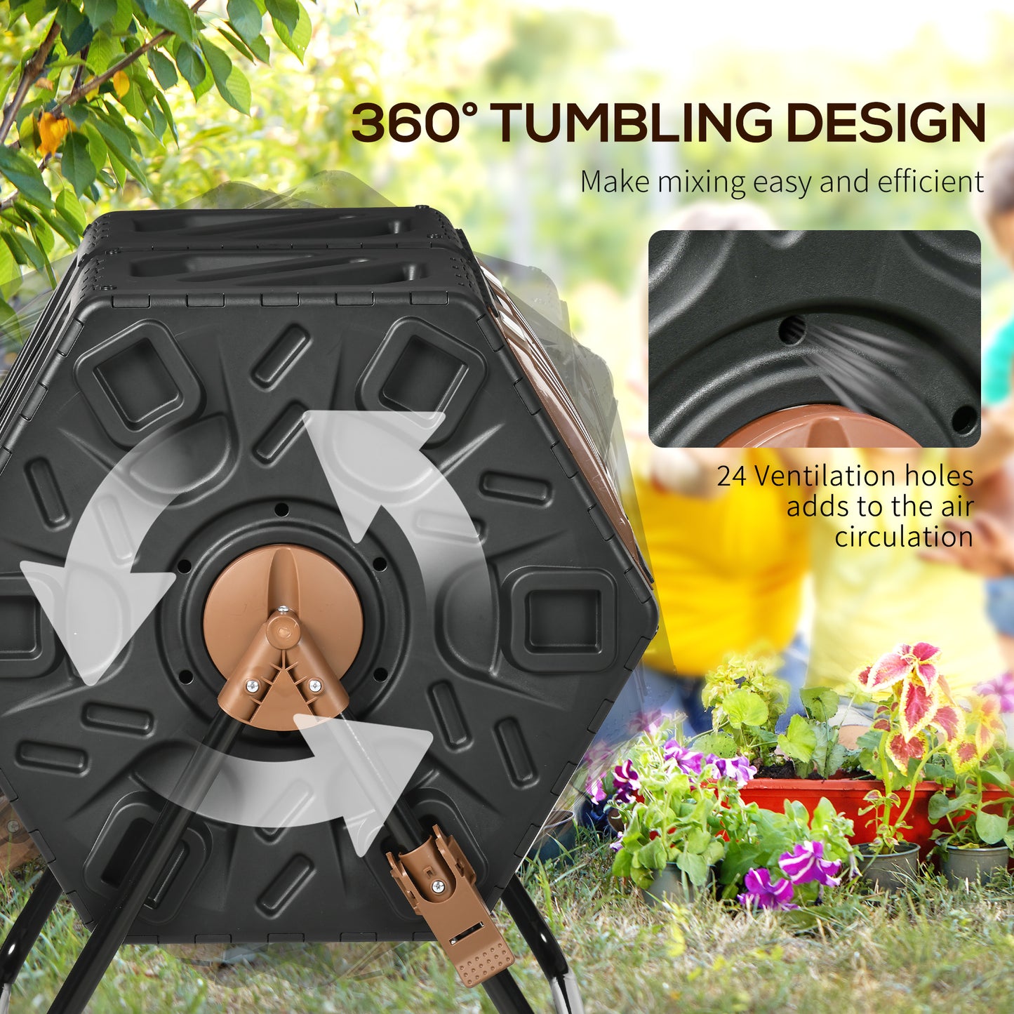 Outsunny Rotating Composter, Dual Chamber Compost Bin with 24 Vents and Steel Legs, 34.5 Gallon, Brown