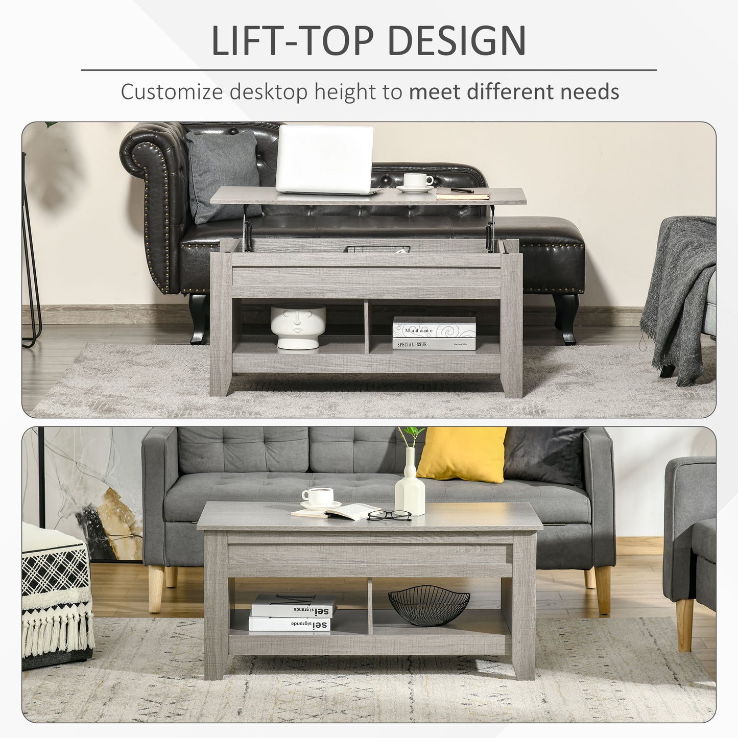 HOMCOM Lift Top Coffee Table with Hidden Storage Compartment and Open Shelves, Lift Tabletop Pop-Up Center Table for Living Room, White