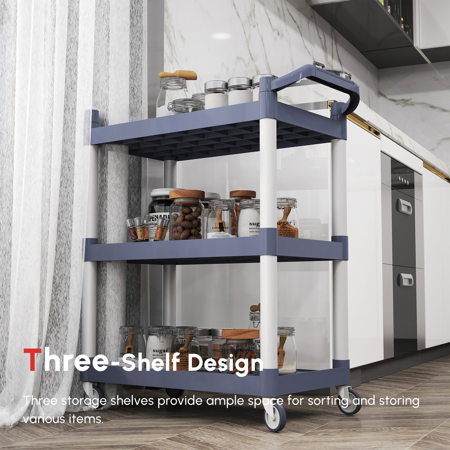 HOMCOM 3-Tier Utility Cart Large Rolling Storage Trolley with 3 Shelves Metal Clean Service Cart, Restaurant, Hotel, Livingroom, Silver and Grey