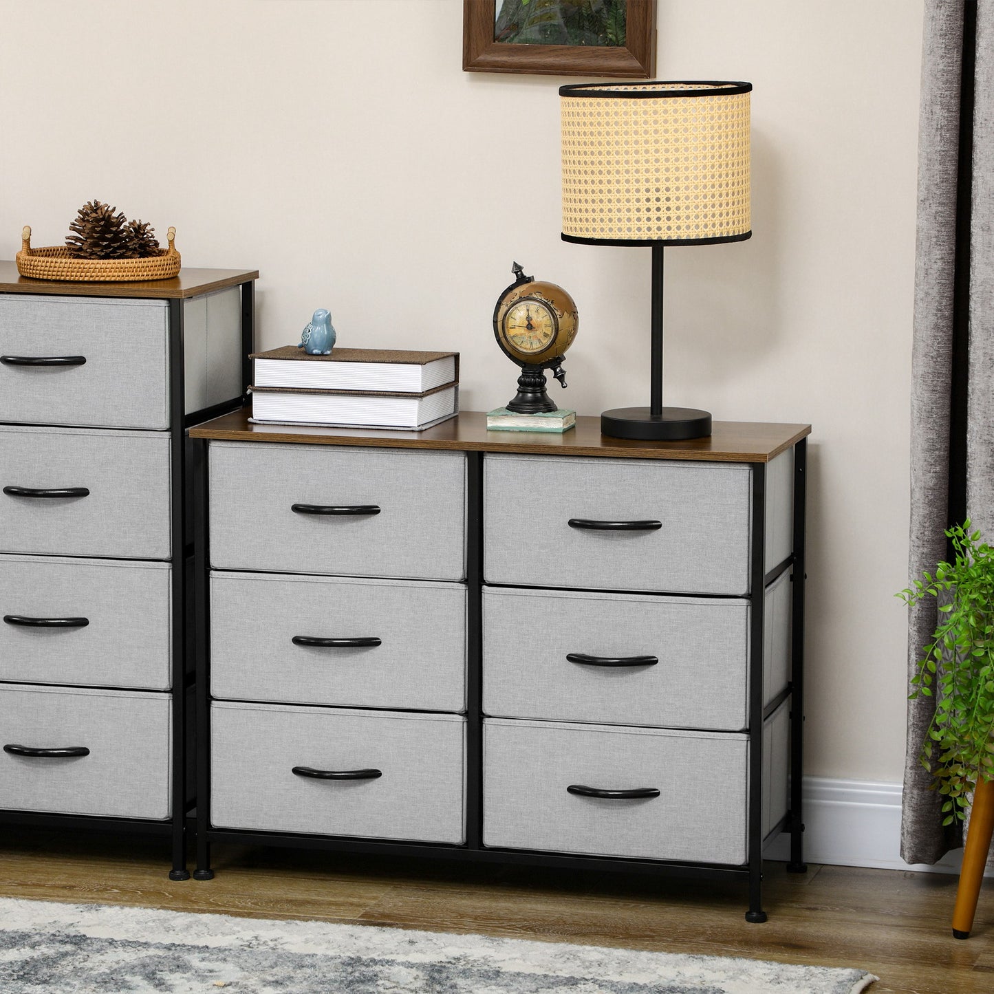 HOMCOM 6 Drawer Dresser for Bedroom, Fabric Chest of Drawers with Steel Frame, Wood Grain Top and Handles, Grey