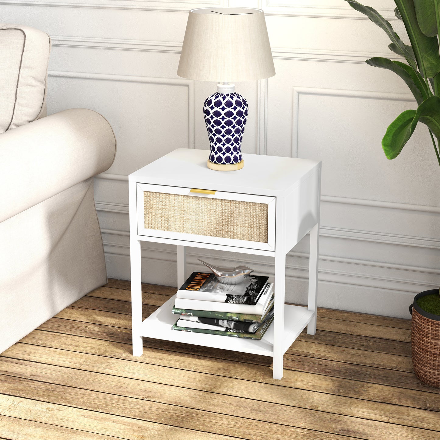 HOMCOM Boho Nightstand, Bedside Table with Rattan Drawer and Open Shelf, Side End Table for Bedroom, Living Room