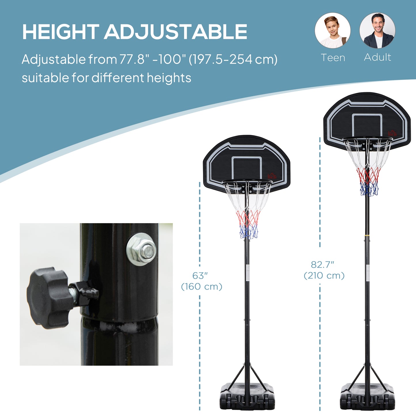 HOMCOM Basketball Hoop and Stand with Weight Base and Wheels, 5.2-6.9ft Height Adjustable, Black