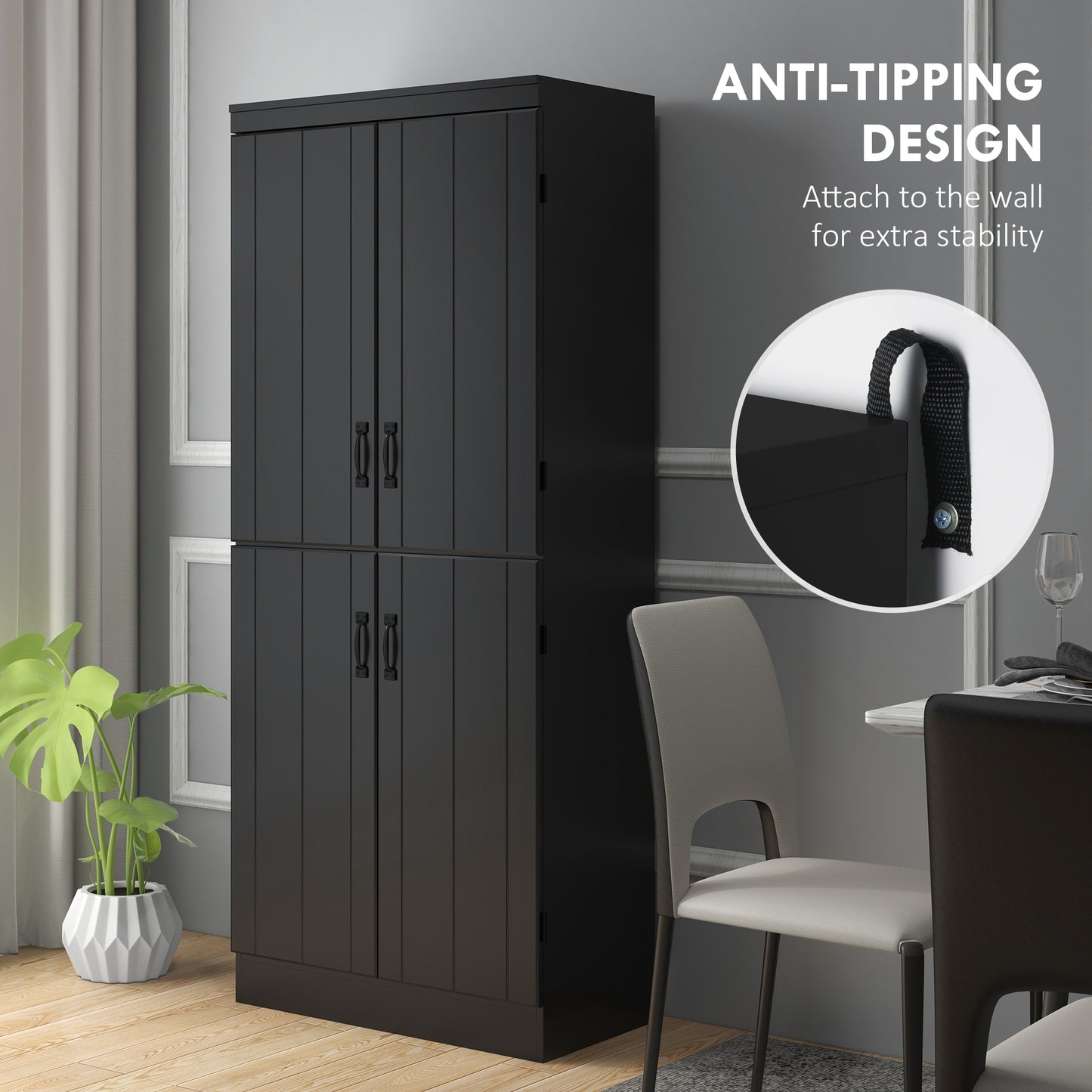 HOMCOM 70" 4-Door Storage Cabinet, Freestanding Pantry Cabinet with Adjustable Shelves for Living Room, Natural