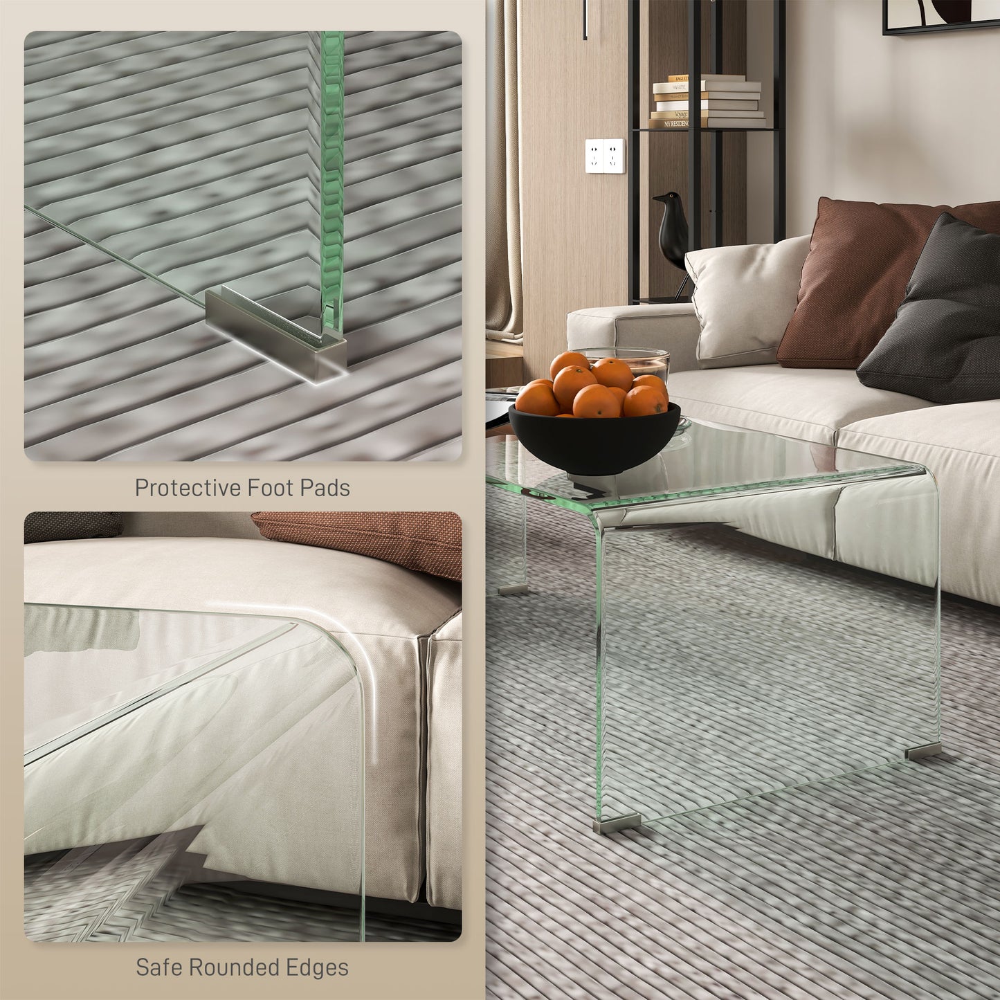 HOMCOM Glass Coffee Table, Clear Coffee Table for Living Room, Modern Rectangle Center Table with Safe Rounded Edges