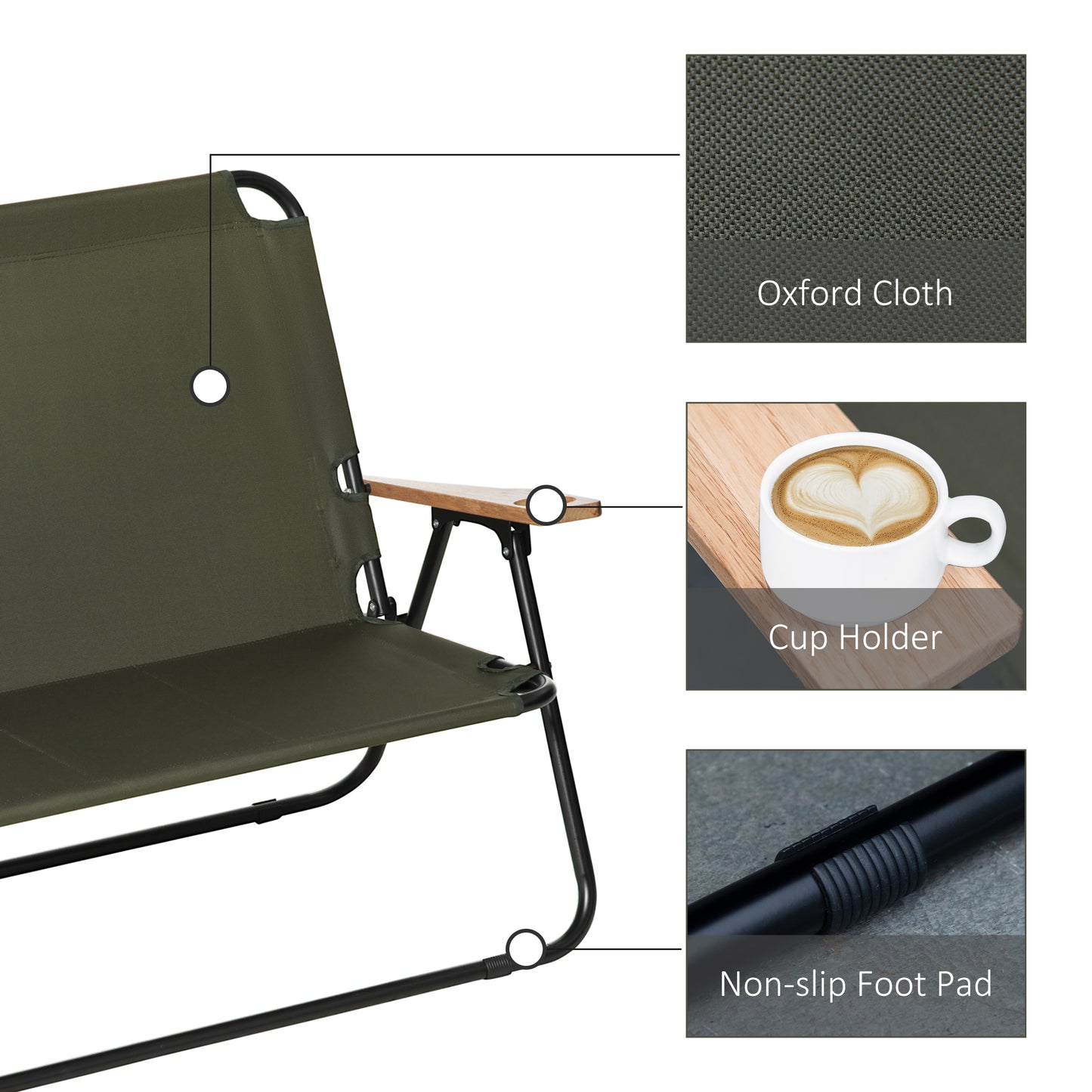 Outsunny Double Folding Chair, Loveseat Camping Chair for 2 Person, Portable Outdoor Chair with Wood Armrest for Fishing Travel, Green